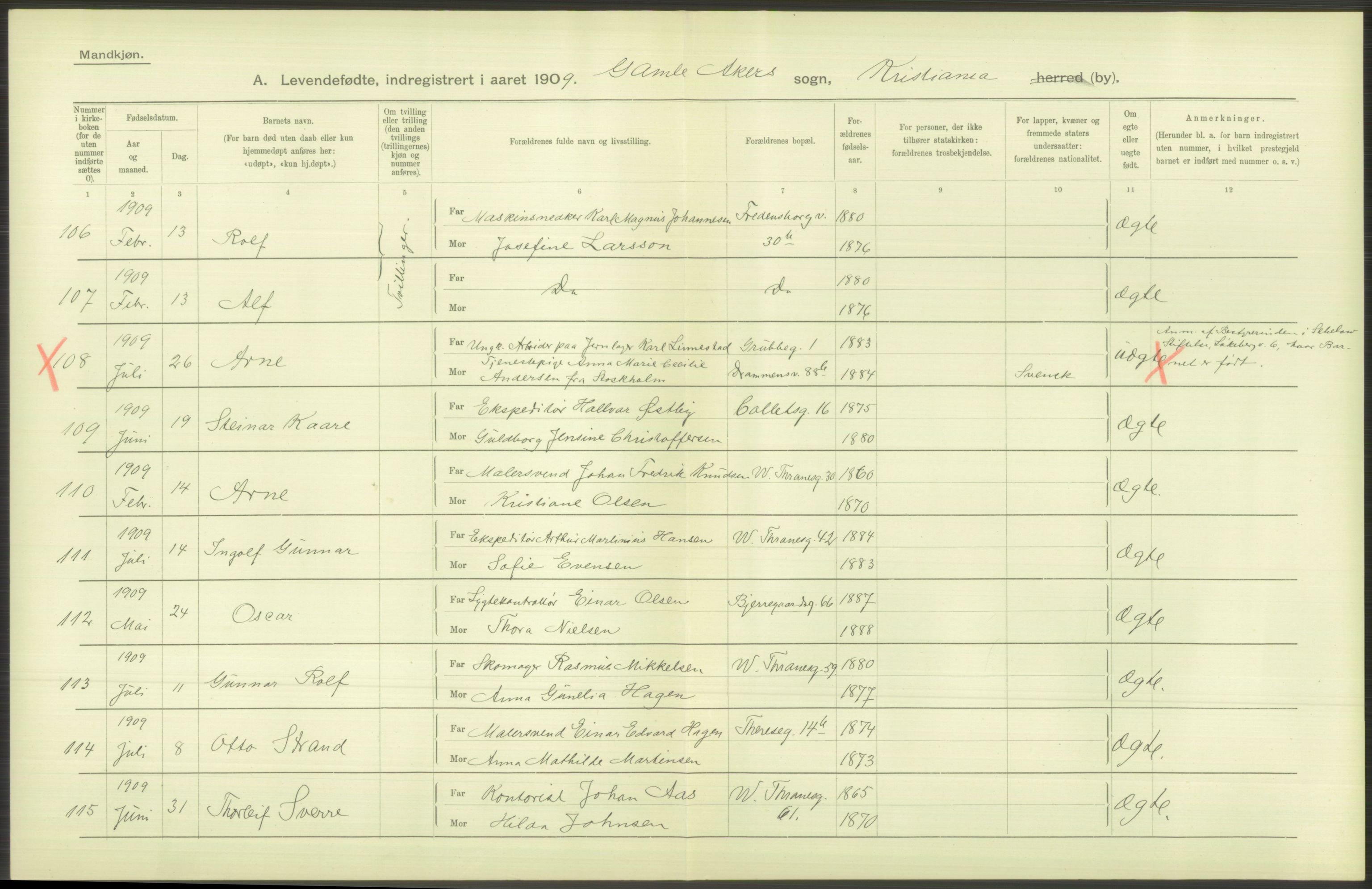 Statistisk sentralbyrå, Sosiodemografiske emner, Befolkning, RA/S-2228/D/Df/Dfa/Dfag/L0007: Kristiania: Levendefødte menn og kvinner., 1909, p. 370