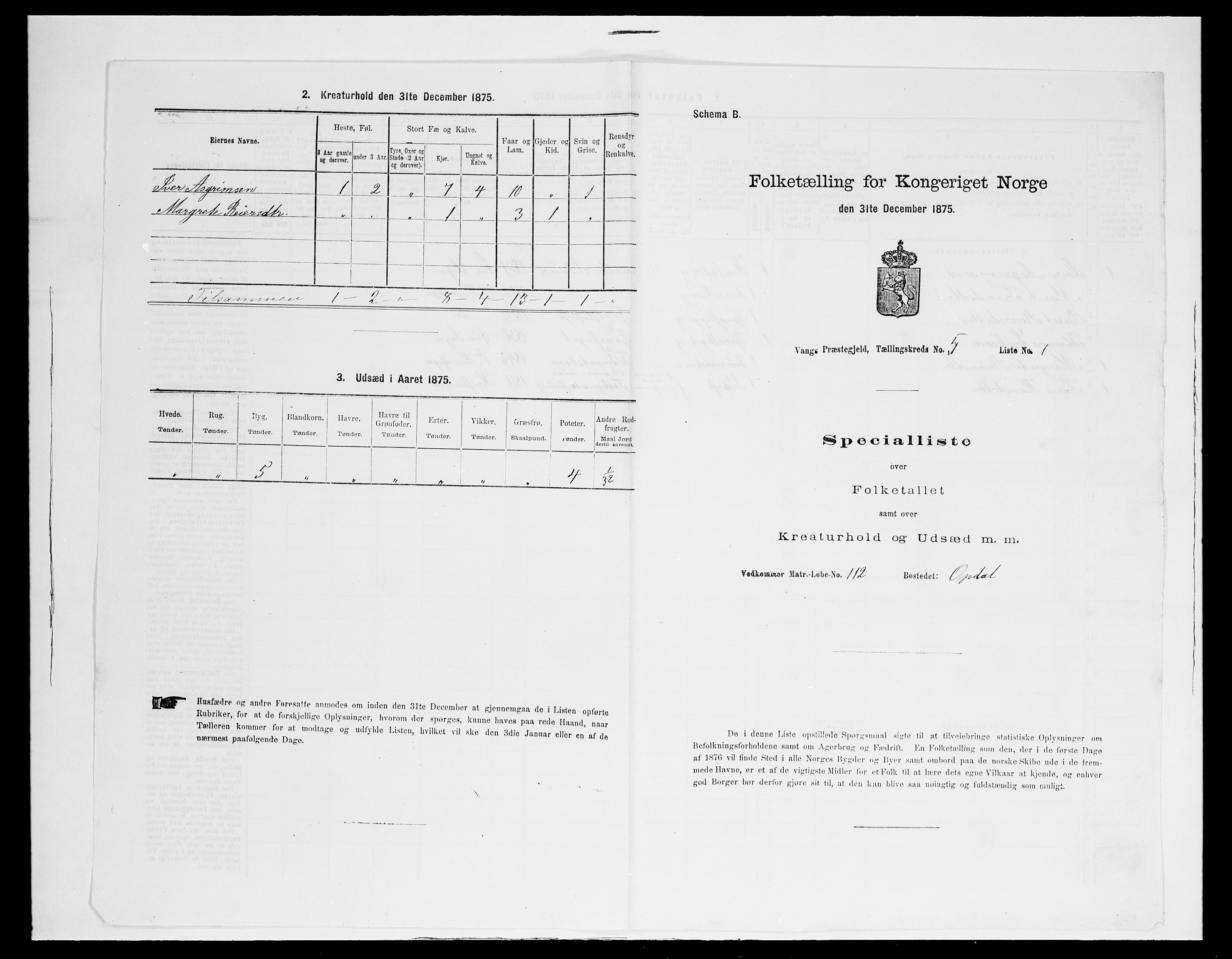 SAH, 1875 census for 0545P Vang, 1875, p. 438