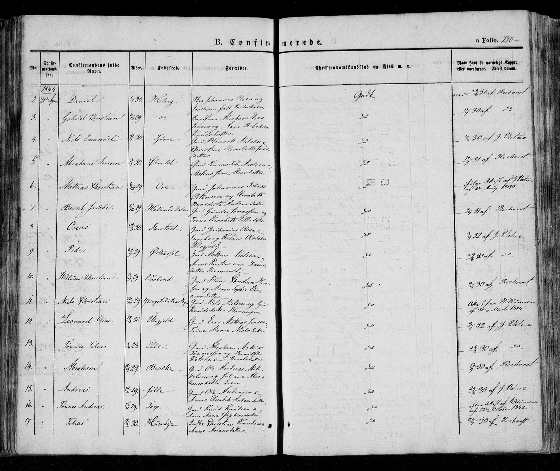 Lista sokneprestkontor, AV/SAK-1111-0027/F/Fa/L0009: Parish register (official) no. A 9, 1835-1846, p. 220