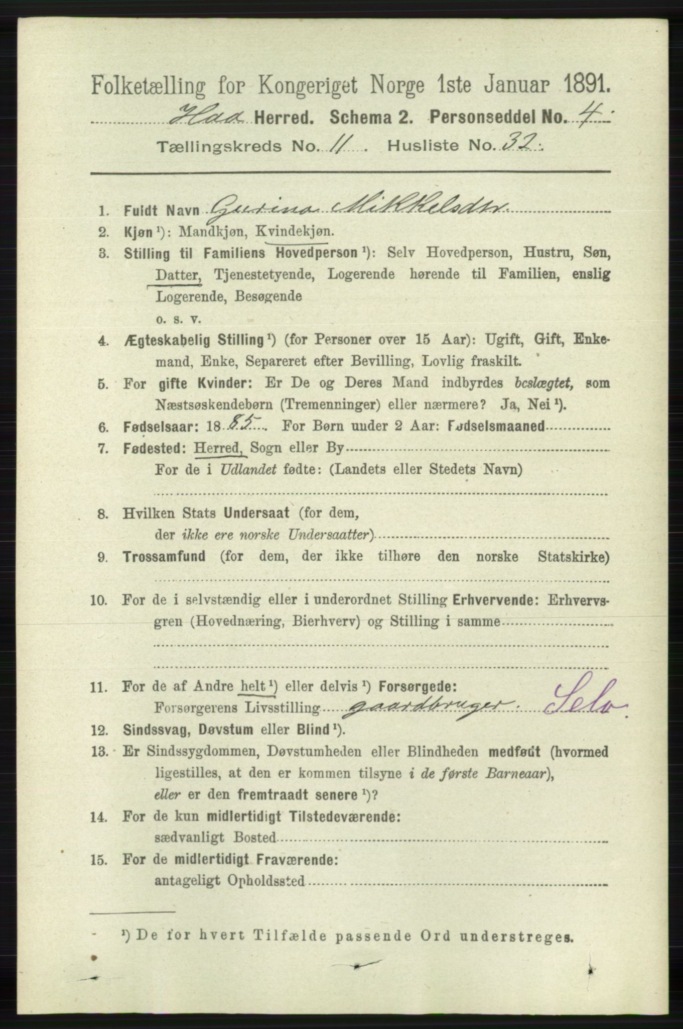 RA, 1891 census for 1119 Hå, 1891, p. 2827