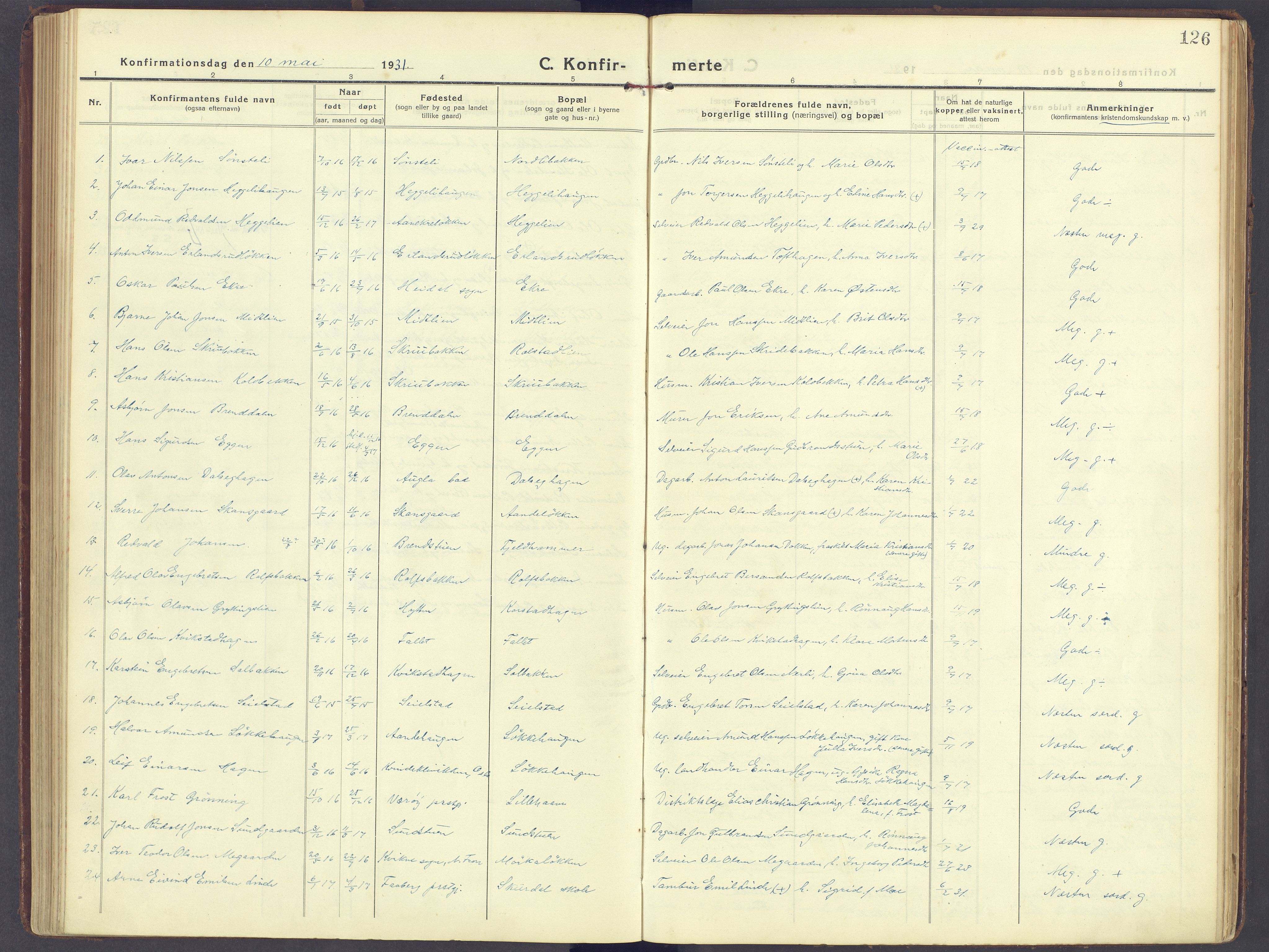 Sør-Fron prestekontor, SAH/PREST-010/H/Ha/Haa/L0005: Parish register (official) no. 5, 1920-1933, p. 126