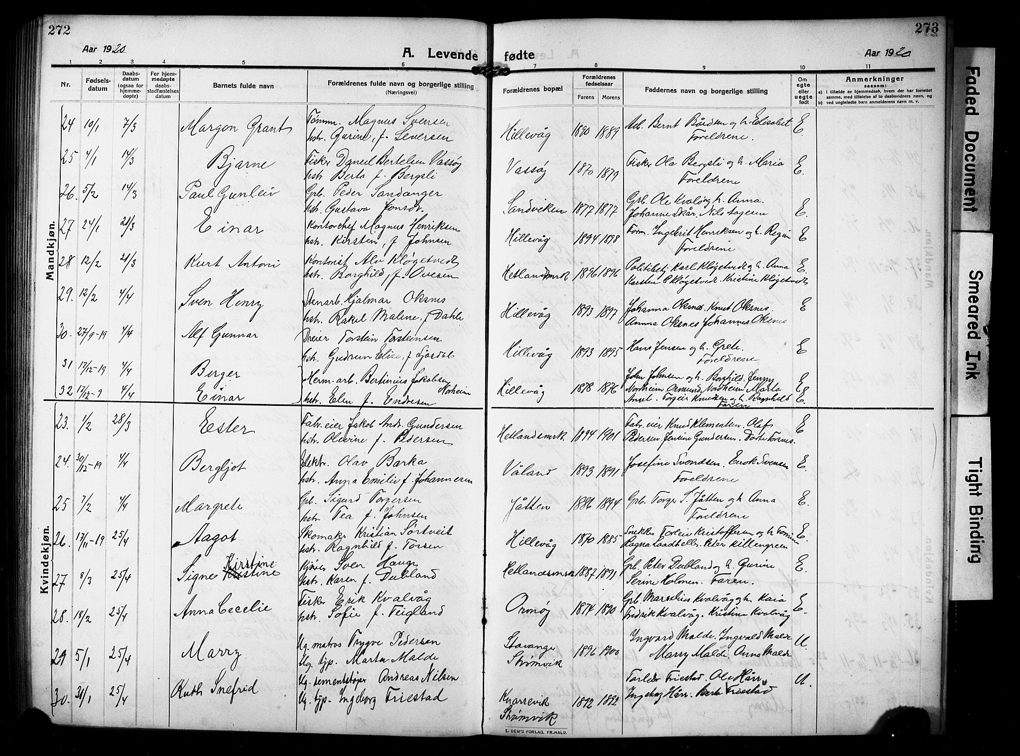 Hetland sokneprestkontor, SAST/A-101826/30/30BB/L0008: Parish register (copy) no. B 8, 1910-1921, p. 272-273