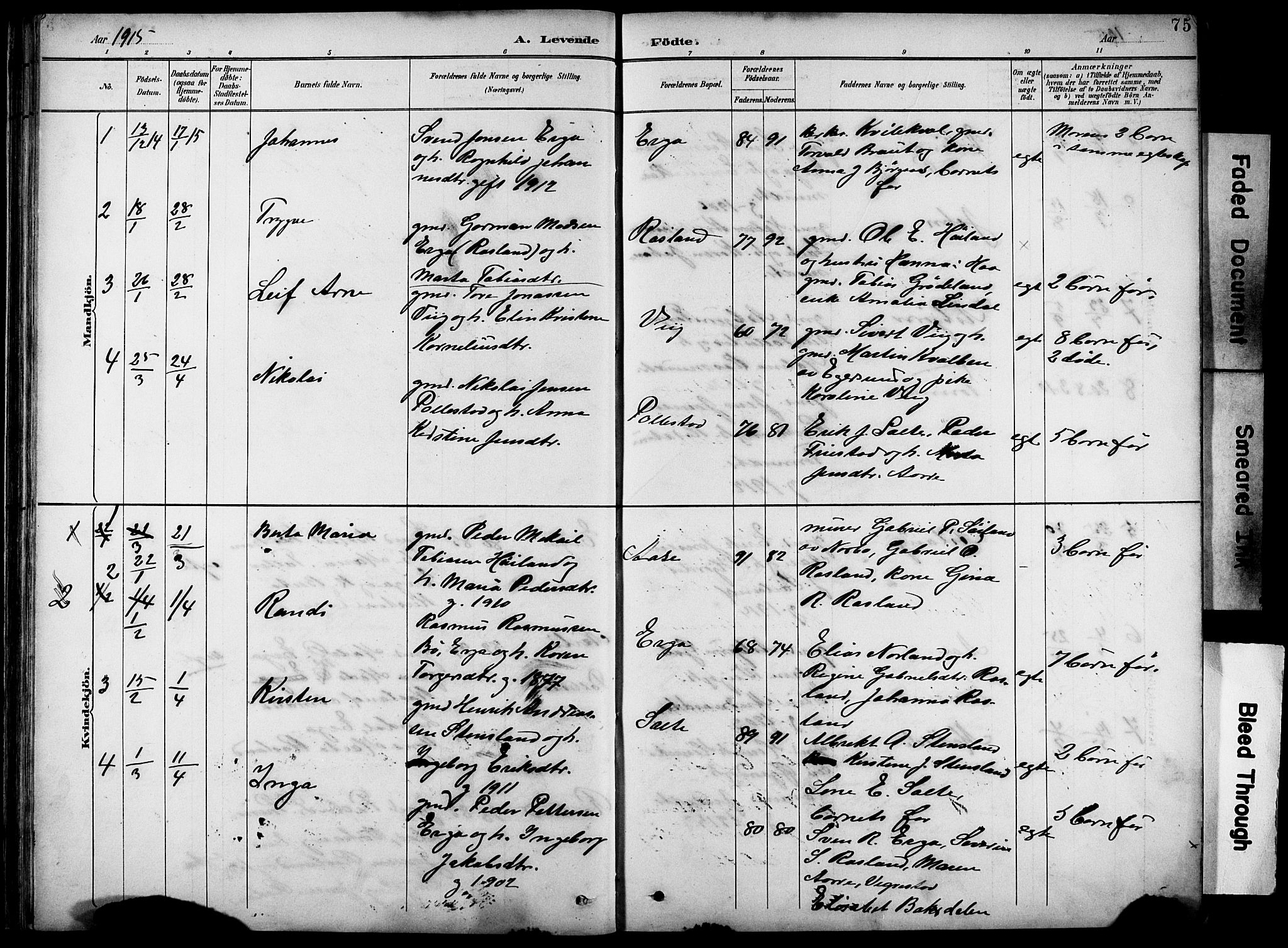 Klepp sokneprestkontor, AV/SAST-A-101803/001/3/30BB/L0005: Parish register (copy) no. B 5, 1889-1918, p. 75