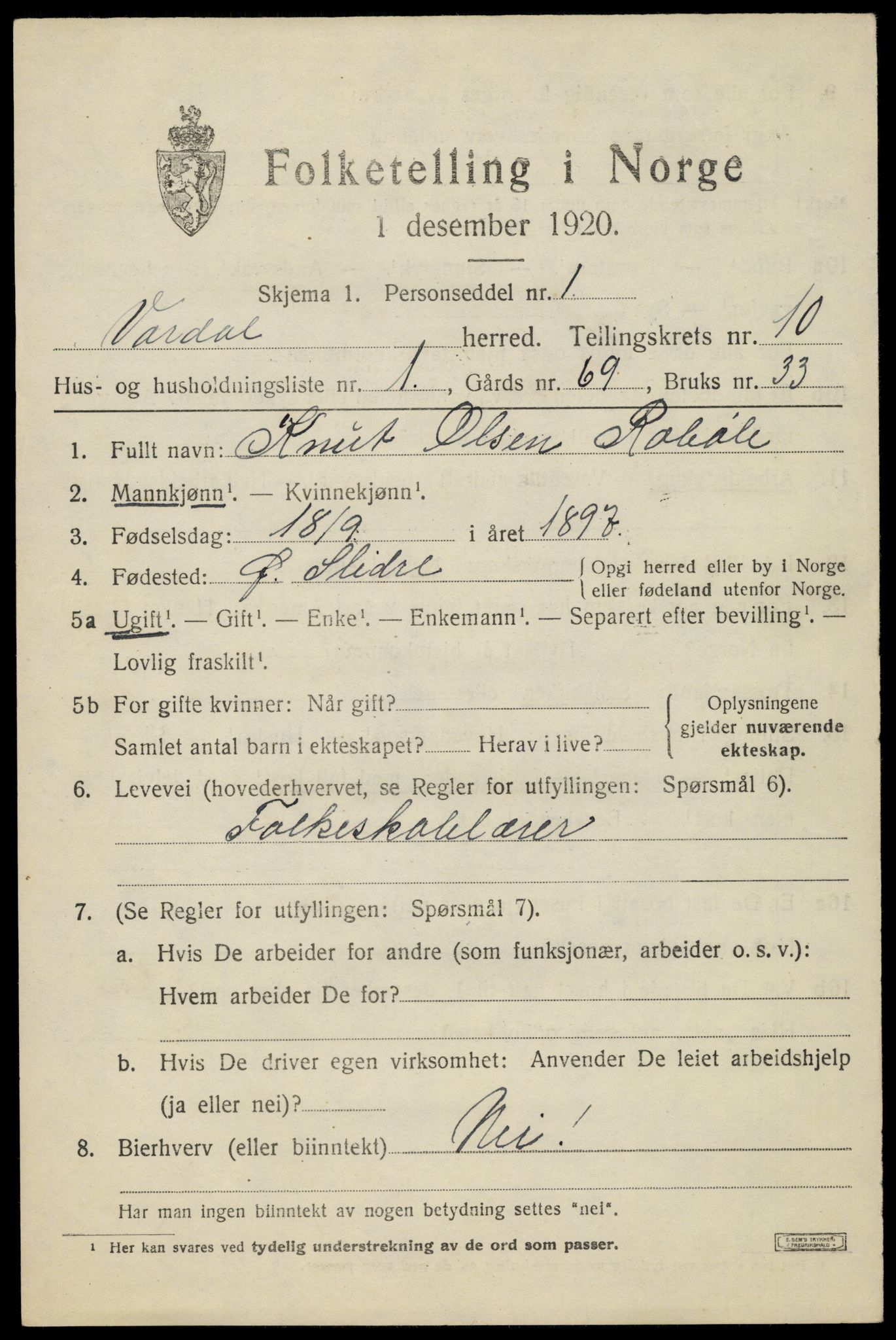 SAH, 1920 census for Vardal, 1920, p. 8453