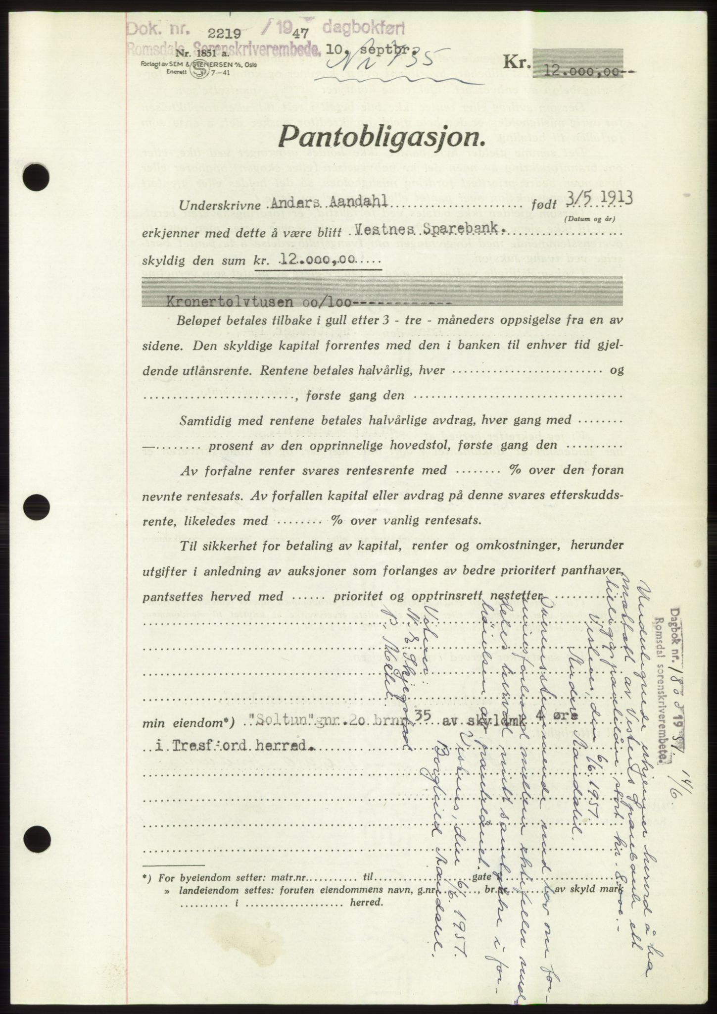 Romsdal sorenskriveri, AV/SAT-A-4149/1/2/2C: Mortgage book no. B3, 1946-1948, Diary no: : 2219/1947