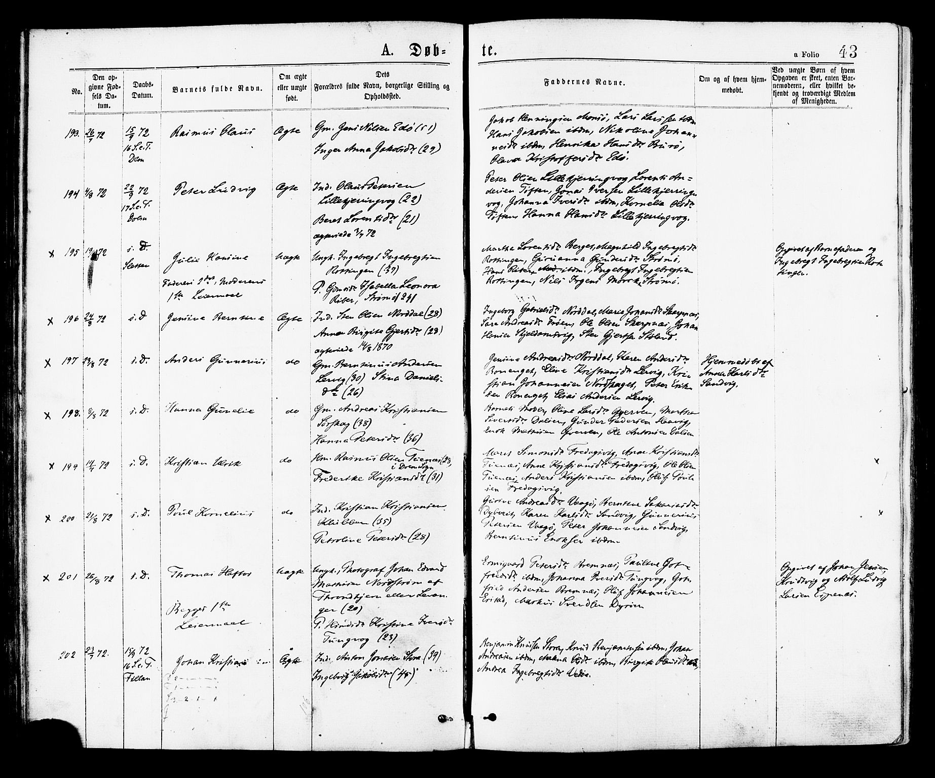 Ministerialprotokoller, klokkerbøker og fødselsregistre - Sør-Trøndelag, SAT/A-1456/634/L0532: Parish register (official) no. 634A08, 1871-1881, p. 43
