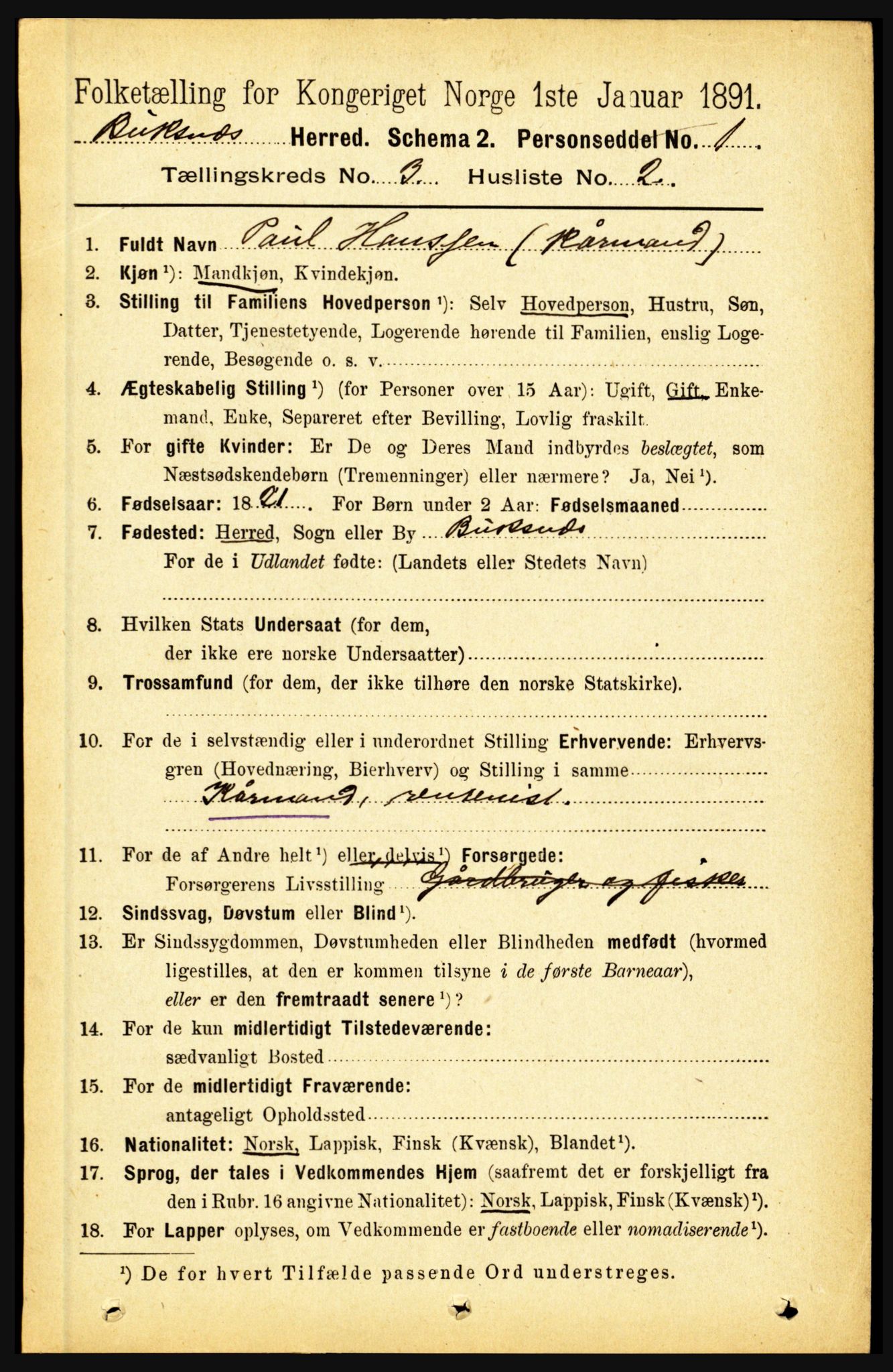 RA, 1891 census for 1860 Buksnes, 1891, p. 2211