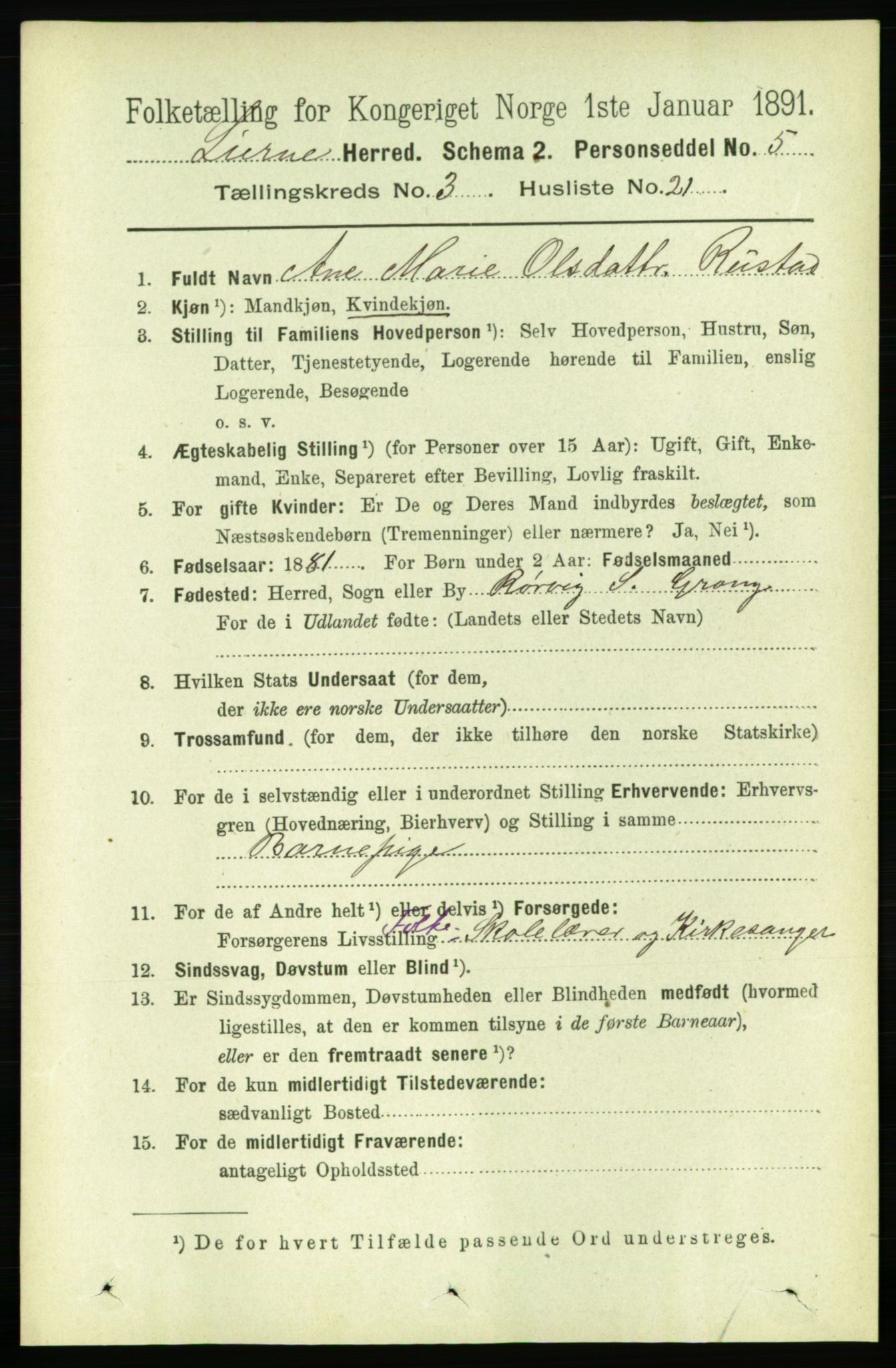 RA, 1891 census for 1737 Lierne, 1891, p. 943