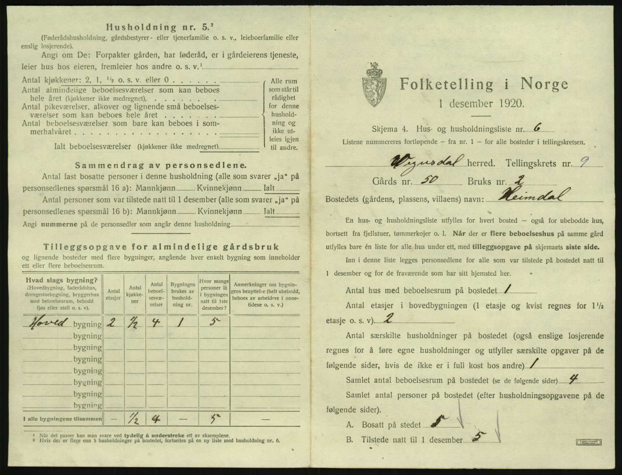 SAK, 1920 census for Vegusdal, 1920, p. 333