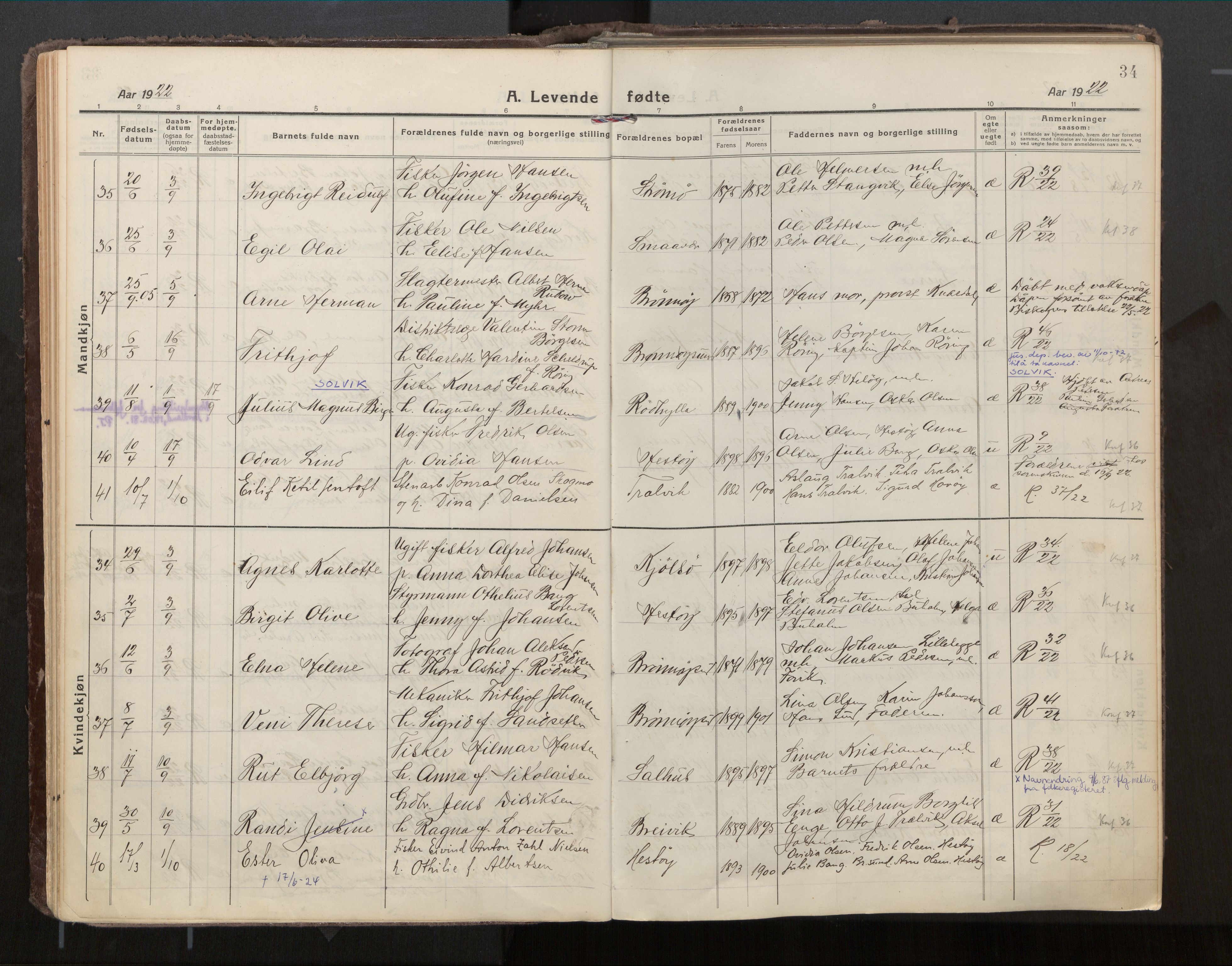 Ministerialprotokoller, klokkerbøker og fødselsregistre - Nordland, AV/SAT-A-1459/813/L0207a: Parish register (official) no. 813A18, 1919-1927, p. 34