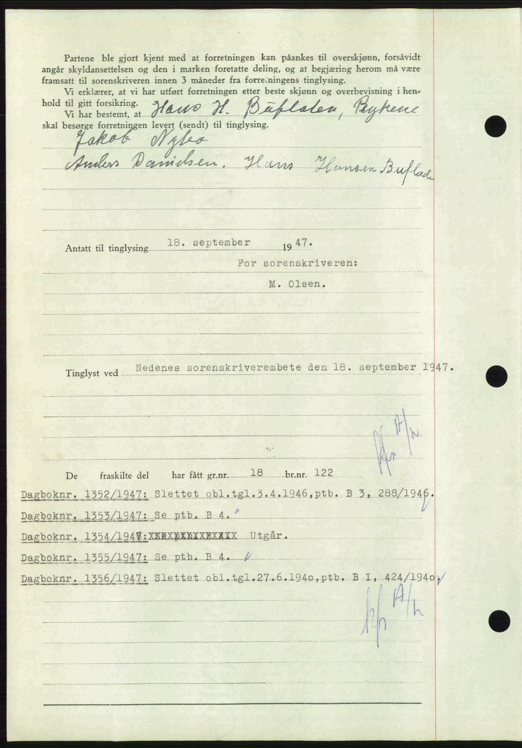 Nedenes sorenskriveri, AV/SAK-1221-0006/G/Gb/Gba/L0058: Mortgage book no. A10, 1947-1948, Diary no: : 1351/1947