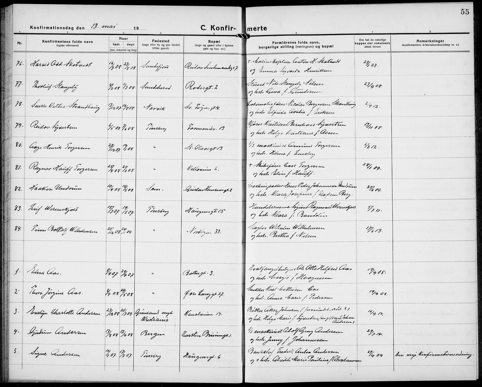 Tønsberg kirkebøker, AV/SAKO-A-330/G/Ga/L0013: Parish register (copy) no. 13, 1920-1929, p. 55