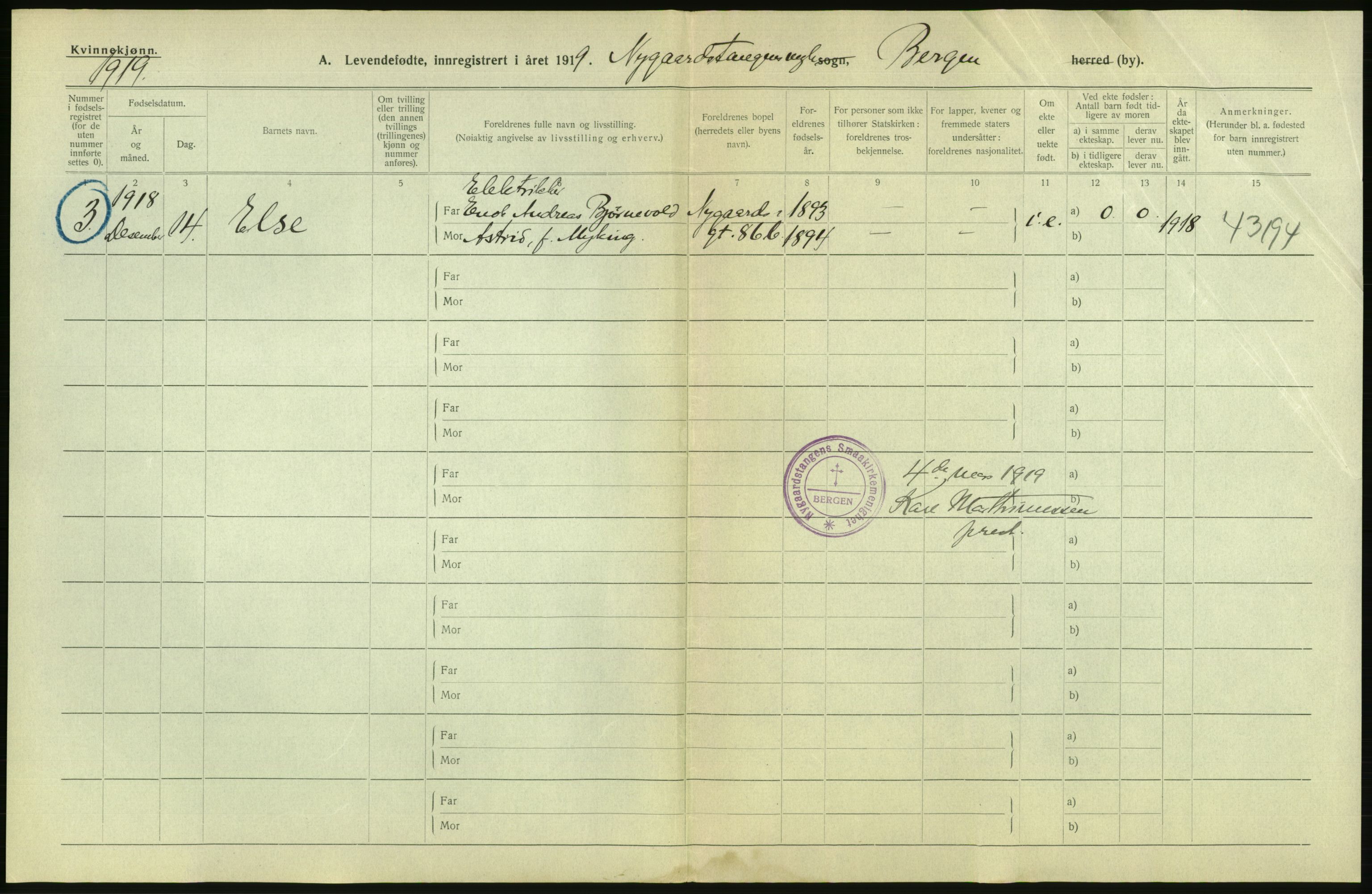 Statistisk sentralbyrå, Sosiodemografiske emner, Befolkning, AV/RA-S-2228/D/Df/Dfb/Dfbi/L0034: Bergen: Levendefødte menn og kvinner., 1919, p. 4