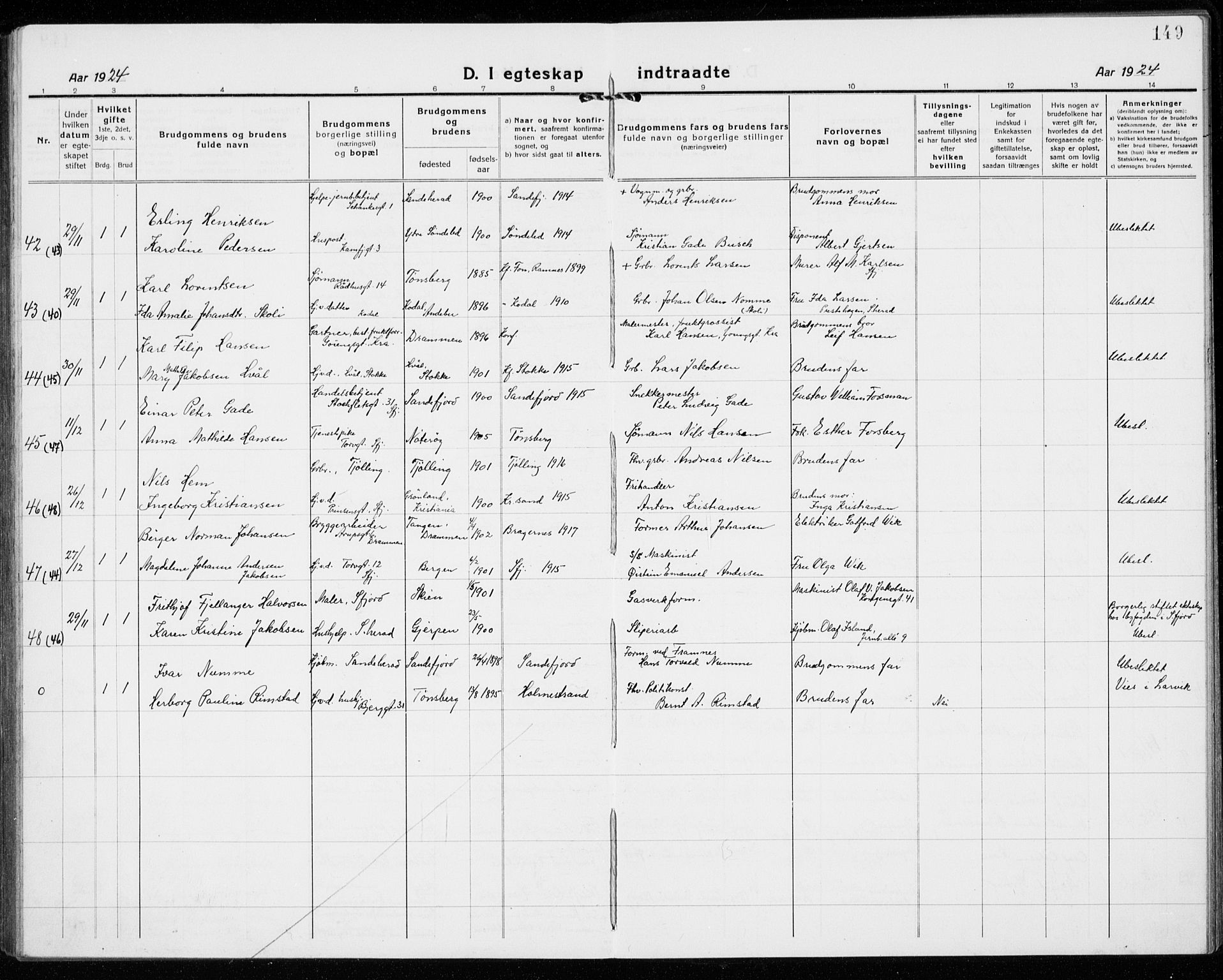 Sandefjord kirkebøker, AV/SAKO-A-315/G/Ga/L0004: Parish register (copy) no. 4, 1920-1931, p. 149