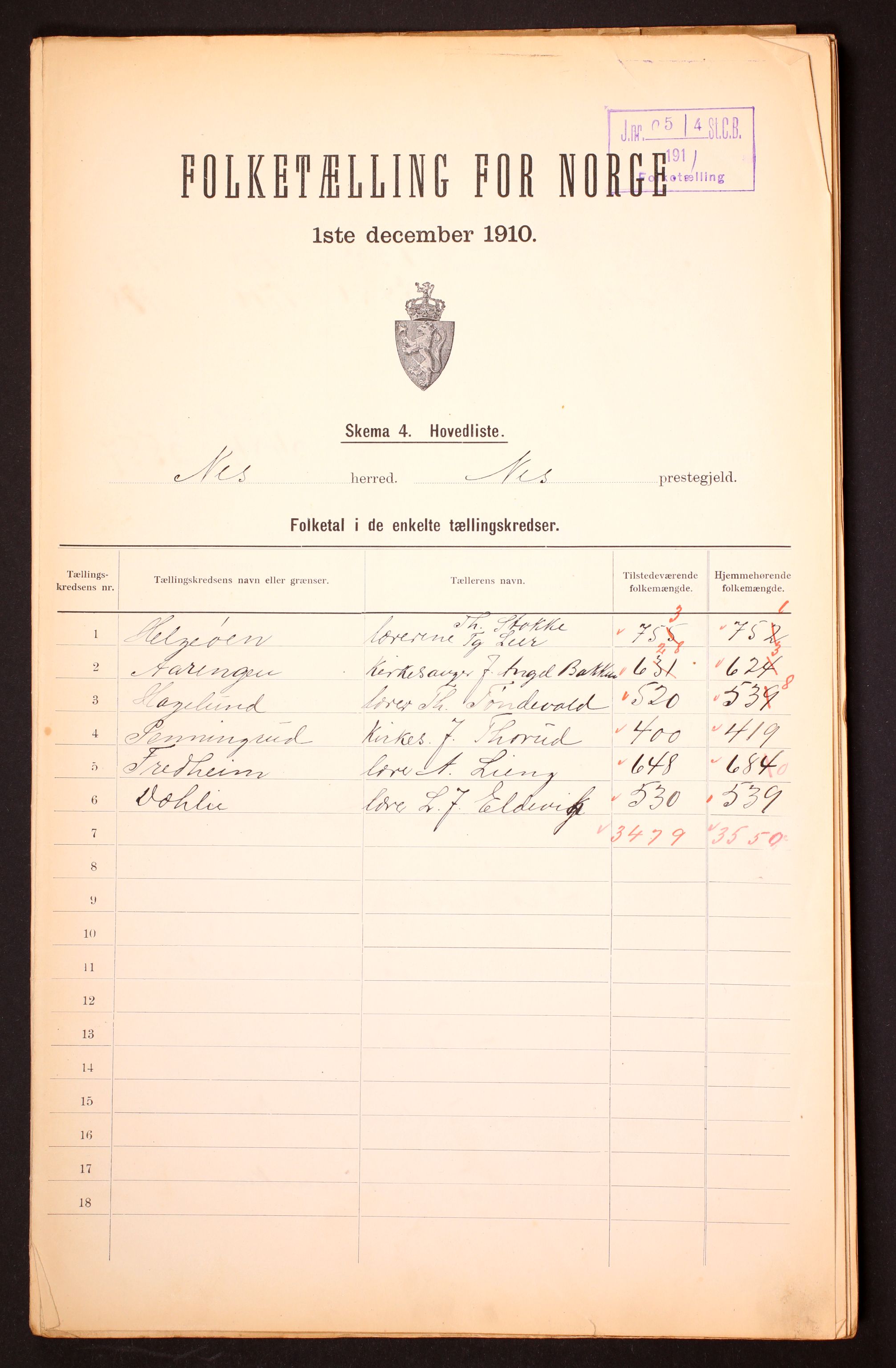 RA, 1910 census for Nes, 1910, p. 2