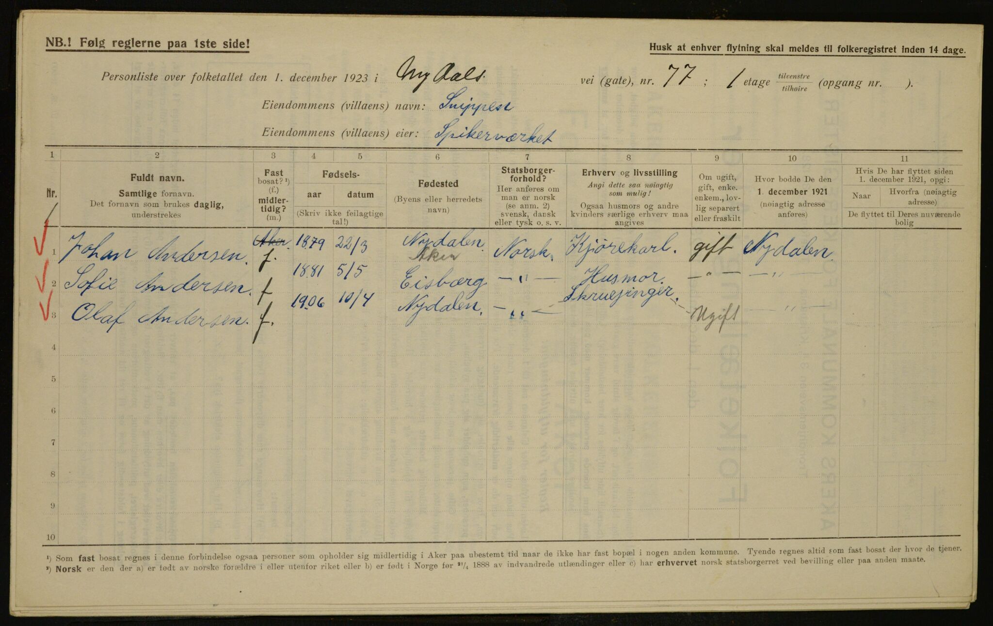 , Municipal Census 1923 for Aker, 1923, p. 16316