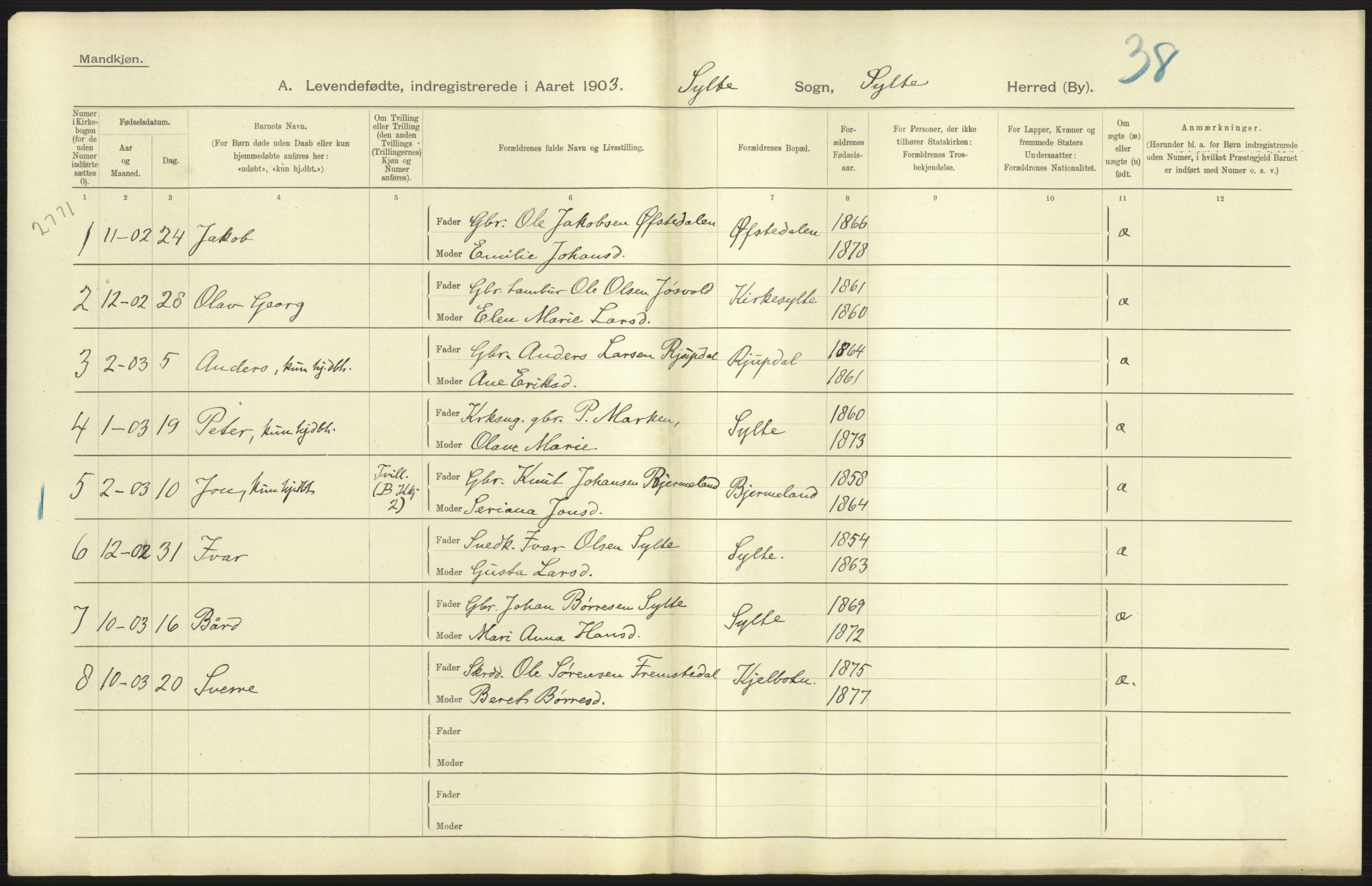 Statistisk sentralbyrå, Sosiodemografiske emner, Befolkning, AV/RA-S-2228/D/Df/Dfa/Dfaa/L0016: Romsdal amt: Fødte, gifte, døde., 1903, p. 37