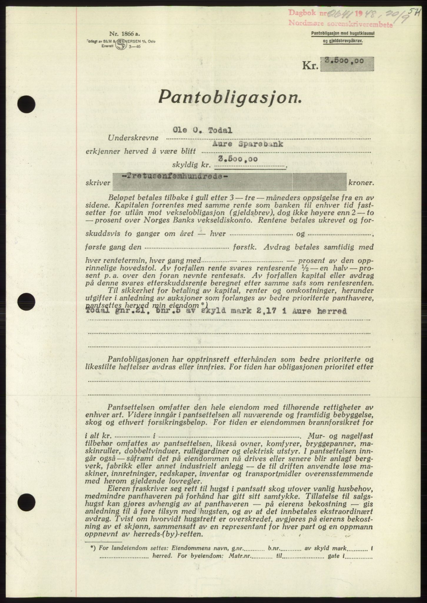 Nordmøre sorenskriveri, AV/SAT-A-4132/1/2/2Ca: Mortgage book no. B99, 1948-1948, Diary no: : 2641/1948