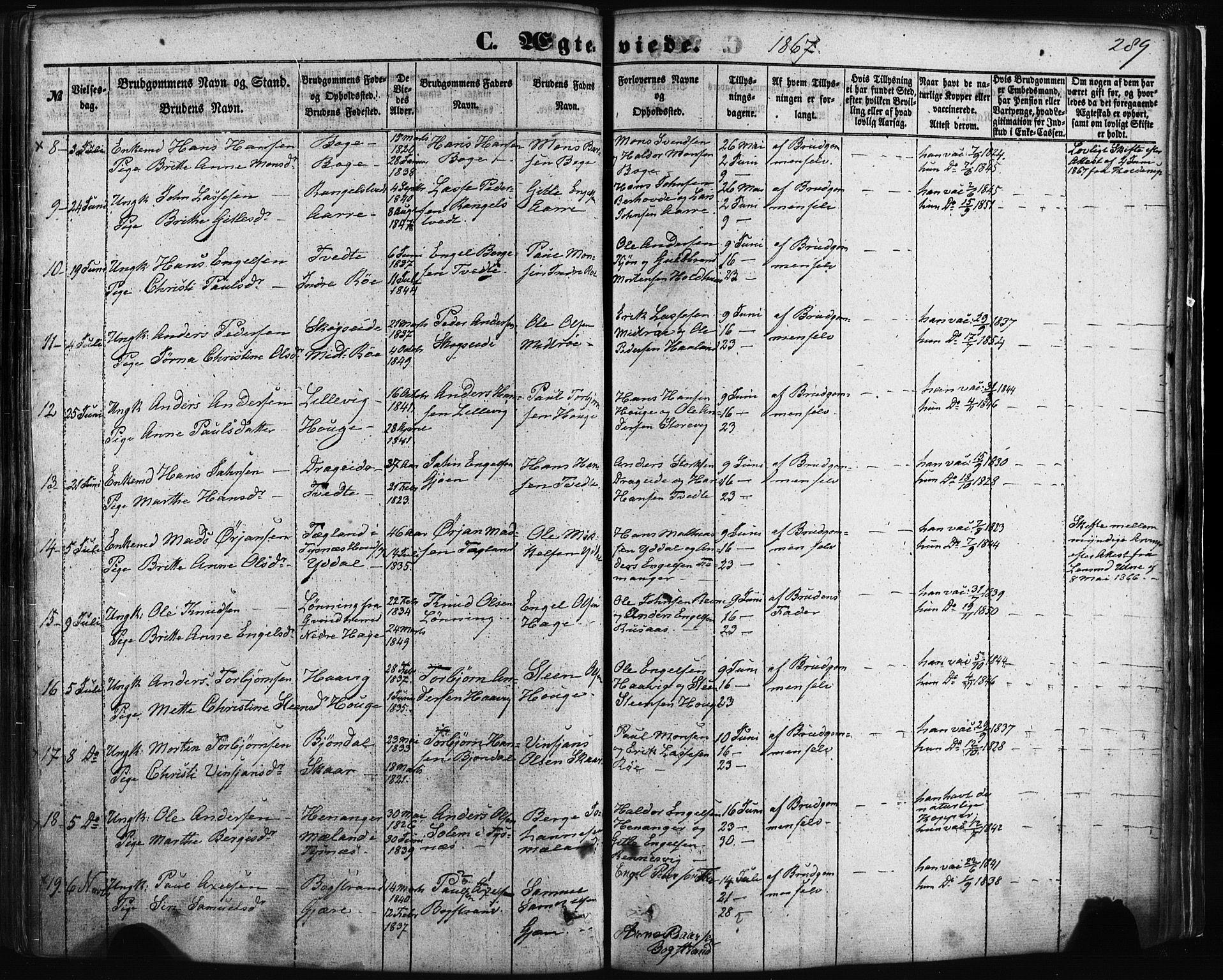 Fusa sokneprestembete, SAB/A-75401/H/Haa: Parish register (official) no. A 1I, 1855-1879, p. 289