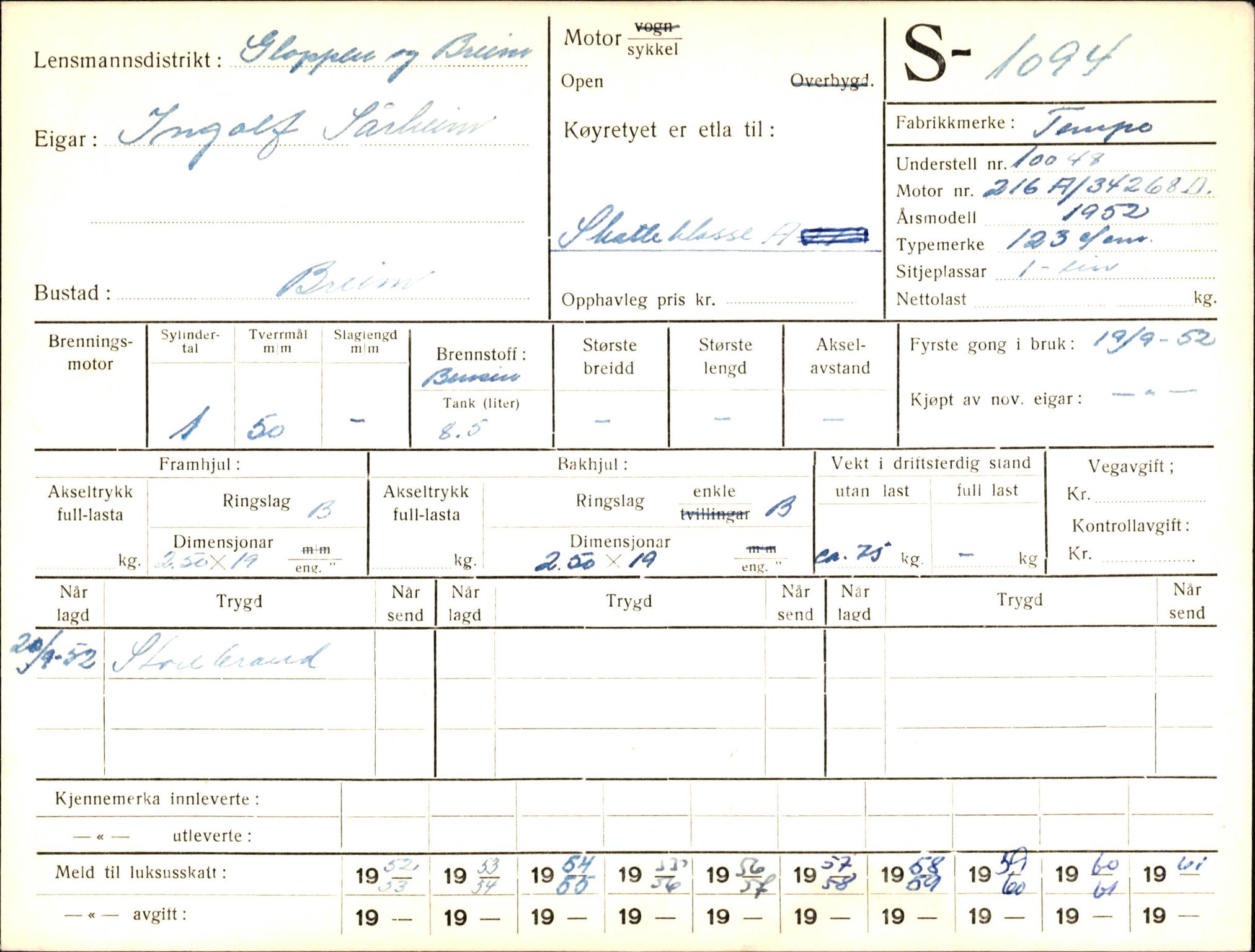 Statens vegvesen, Sogn og Fjordane vegkontor, AV/SAB-A-5301/4/F/L0003: Registerkort utmeldte Fjordane S1000-2499, 1930-1961, p. 148