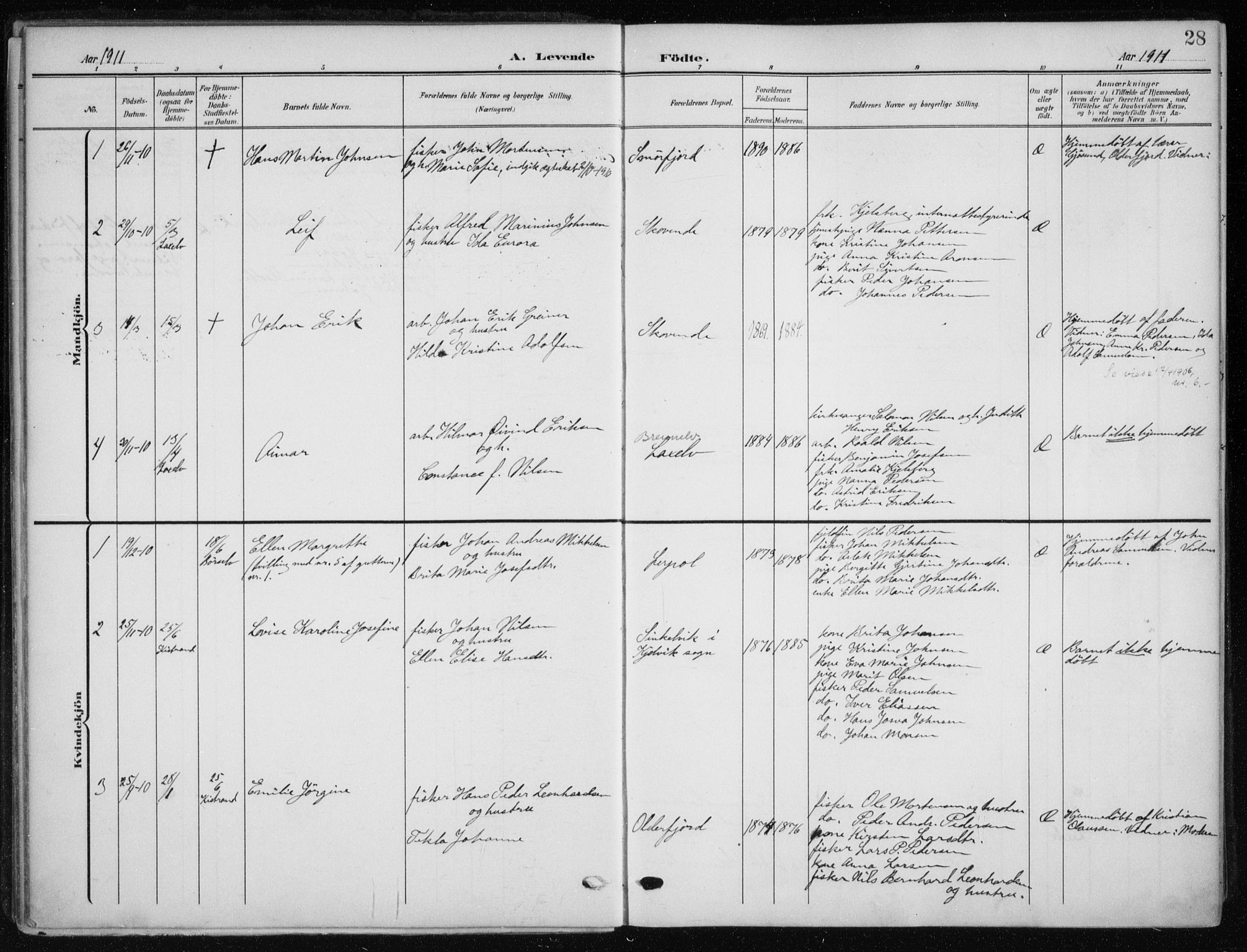 Kistrand/Porsanger sokneprestembete, SATØ/S-1351/H/Ha/L0014.kirke: Parish register (official) no. 14, 1908-1917, p. 28