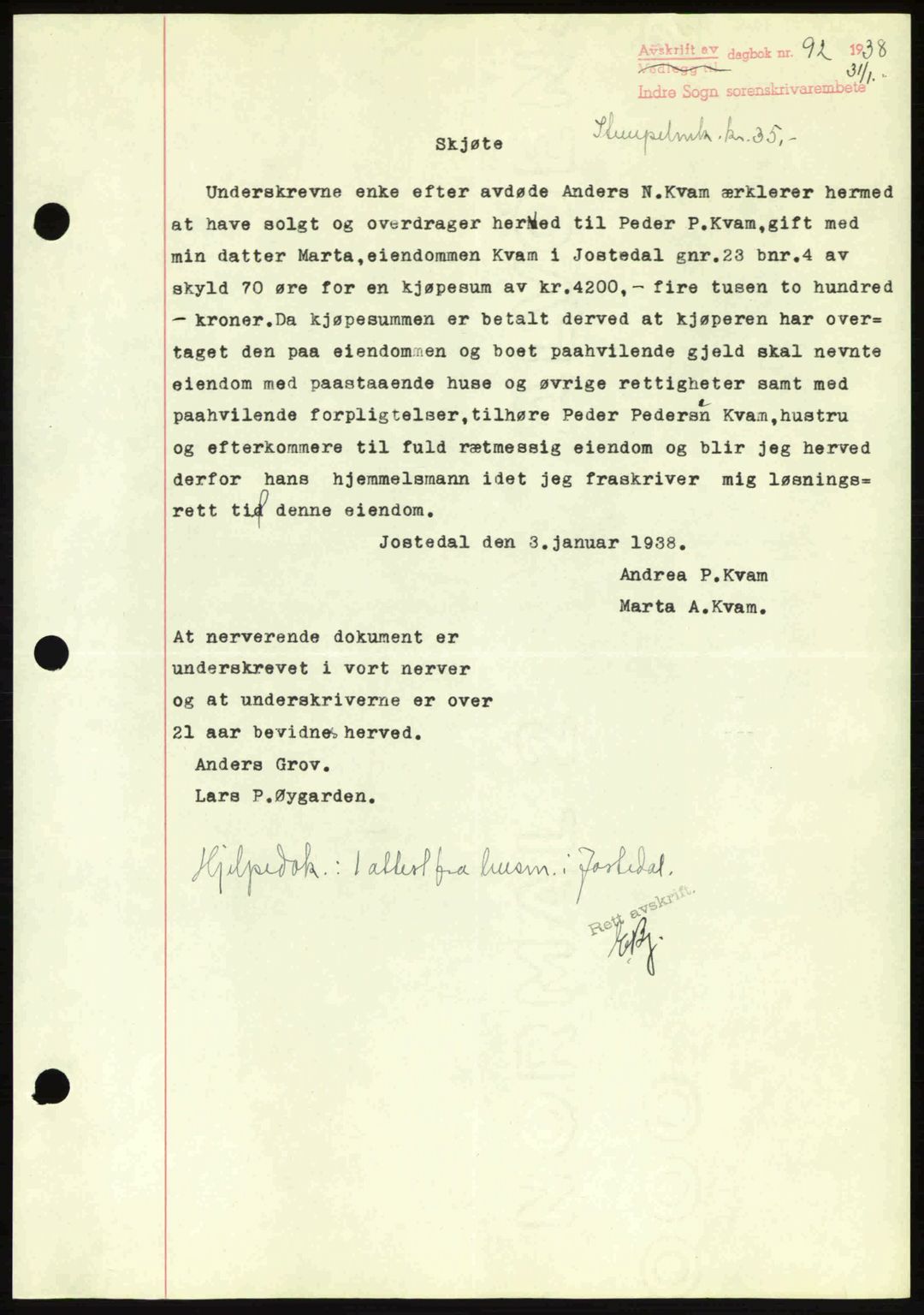 Indre Sogn tingrett, AV/SAB-A-3301/1/G/Gb/Gbb/L0001: Mortgage book no. A1, 1937-1938, Diary no: : 92/1938