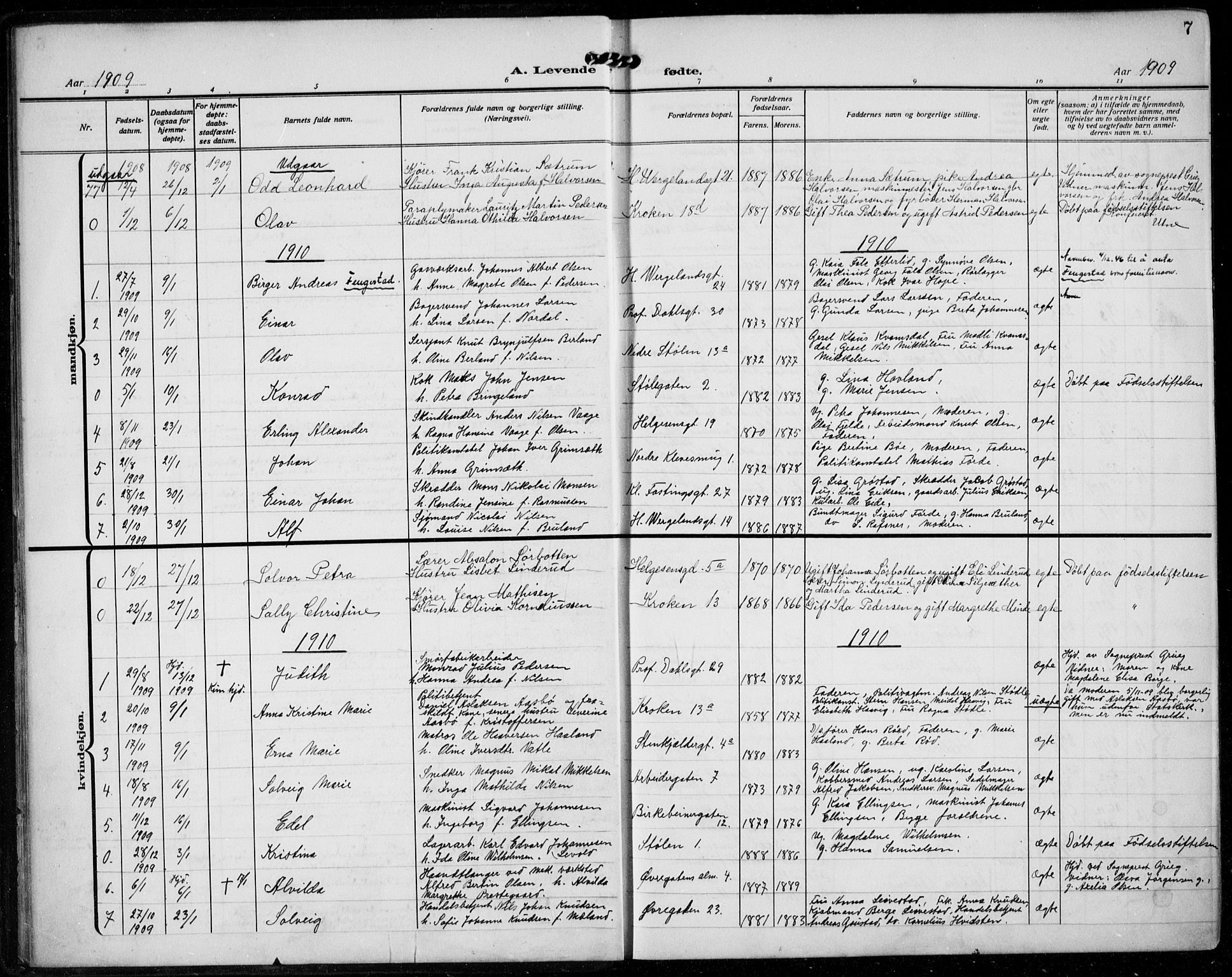 Mariakirken Sokneprestembete, SAB/A-76901/H/Hab/L0006: Parish register (copy) no. A 6, 1909-1939, p. 7