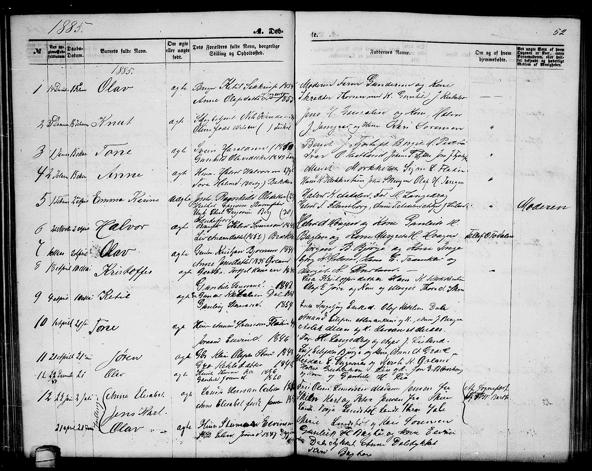 Seljord kirkebøker, SAKO/A-20/G/Ga/L0004: Parish register (copy) no. I 4, 1873-1886, p. 52