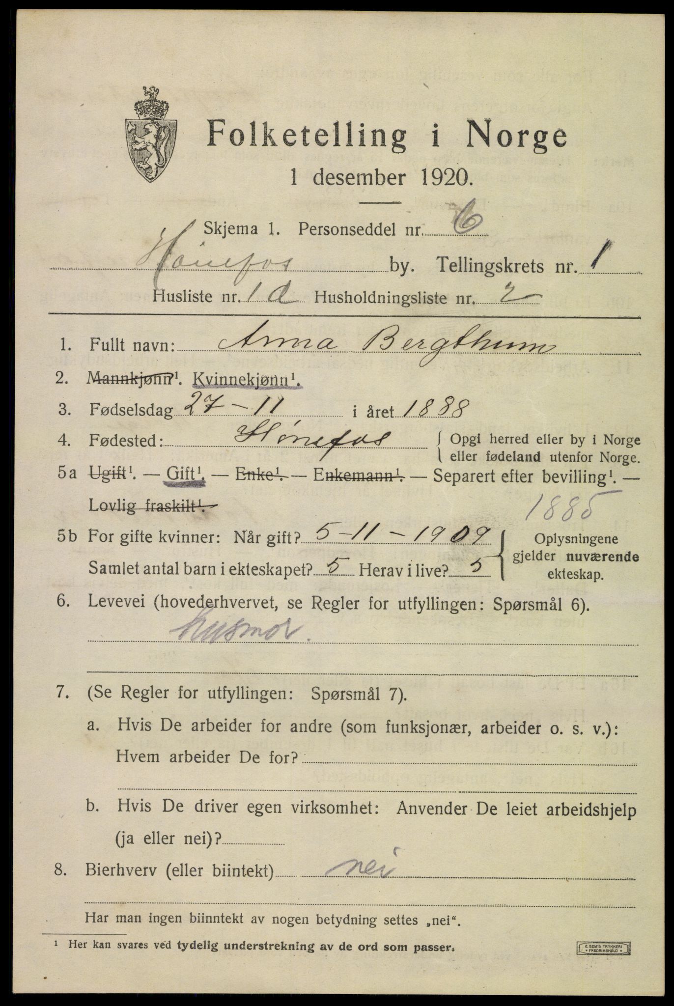 SAKO, 1920 census for Hønefoss, 1920, p. 2344