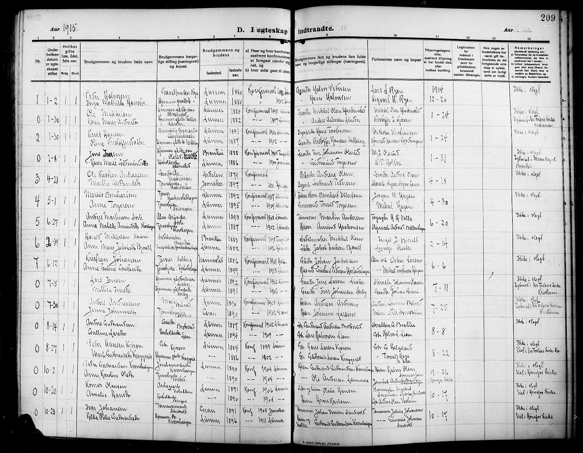 Lunner prestekontor, SAH/PREST-118/H/Ha/Hab/L0001: Parish register (copy) no. 1, 1909-1922, p. 209