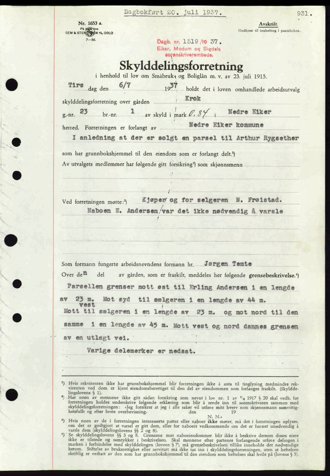 Eiker, Modum og Sigdal sorenskriveri, SAKO/A-123/G/Ga/Gab/L0035: Mortgage book no. A5, 1937-1937, Diary no: : 1519/1937
