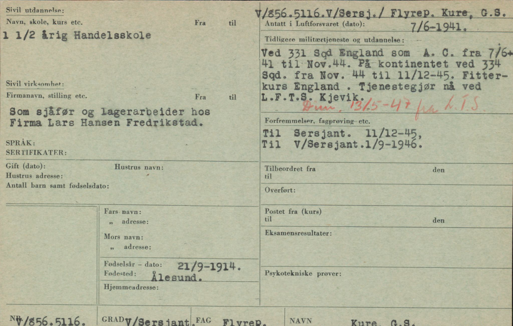 Forsvaret, Forsvarets overkommando/Luftforsvarsstaben, RA/RAFA-4079/P/Pa/L0036: Personellpapirer, 1914, p. 611