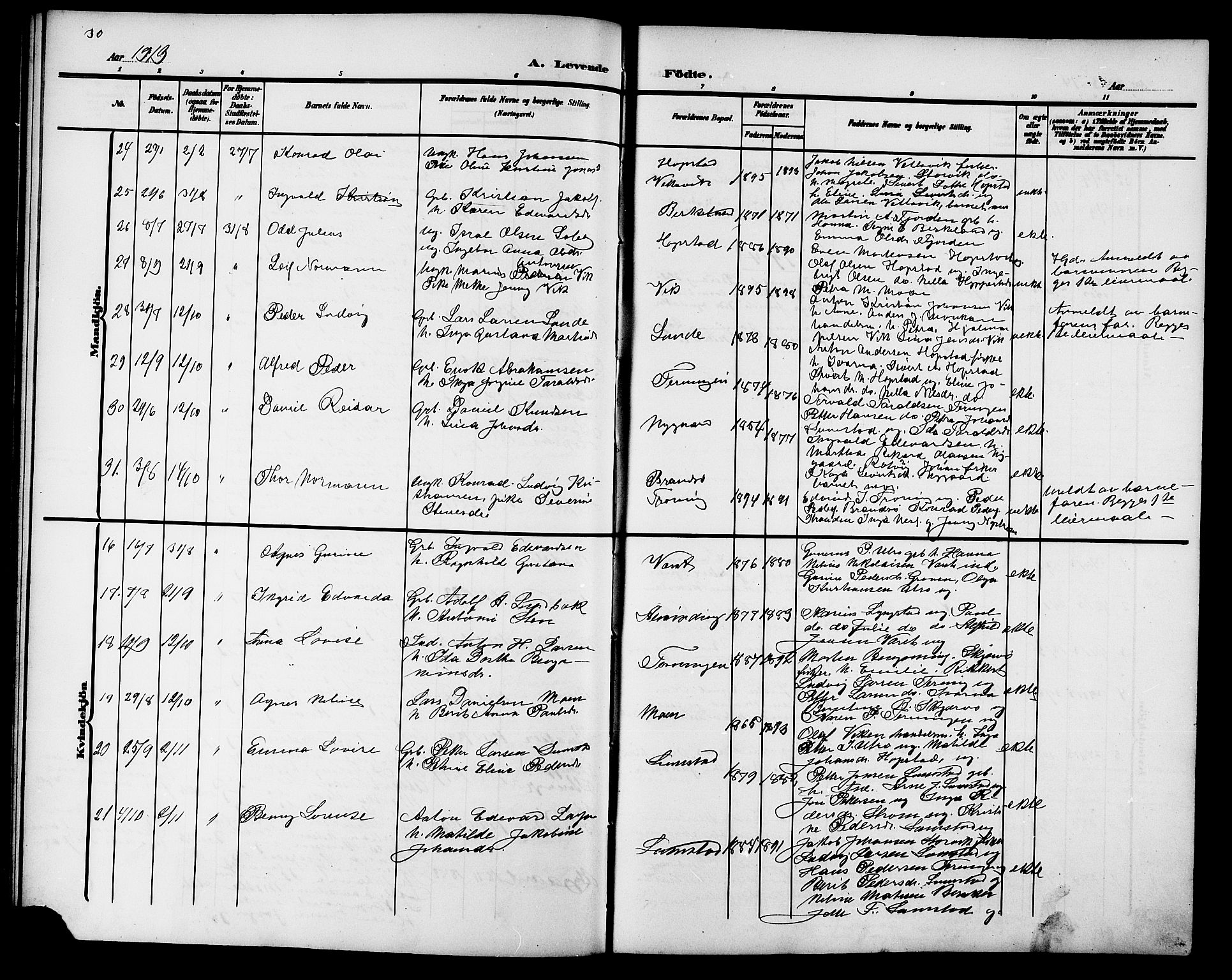 Ministerialprotokoller, klokkerbøker og fødselsregistre - Sør-Trøndelag, SAT/A-1456/657/L0717: Parish register (copy) no. 657C04, 1904-1923, p. 30