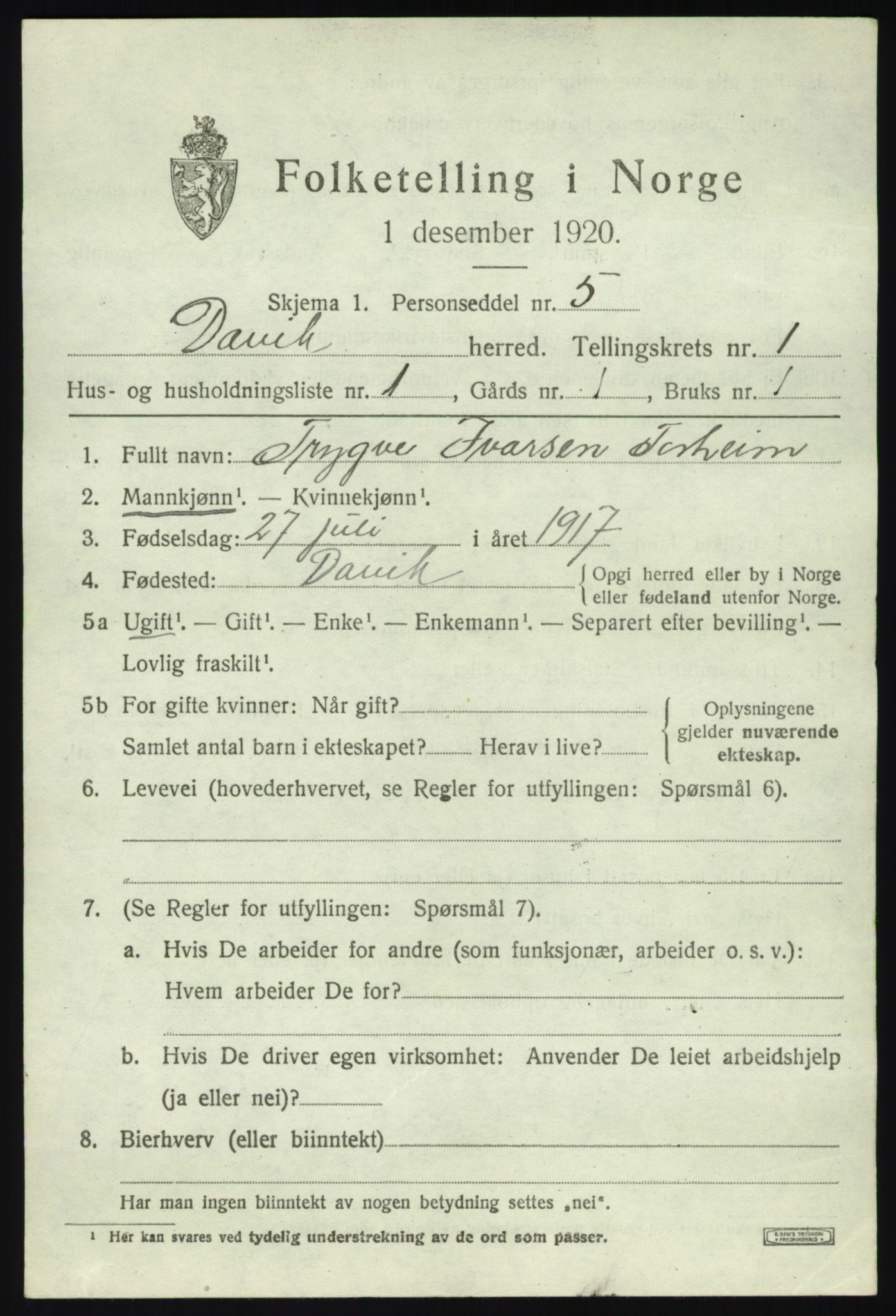 SAB, 1920 census for Davik, 1920, p. 1201