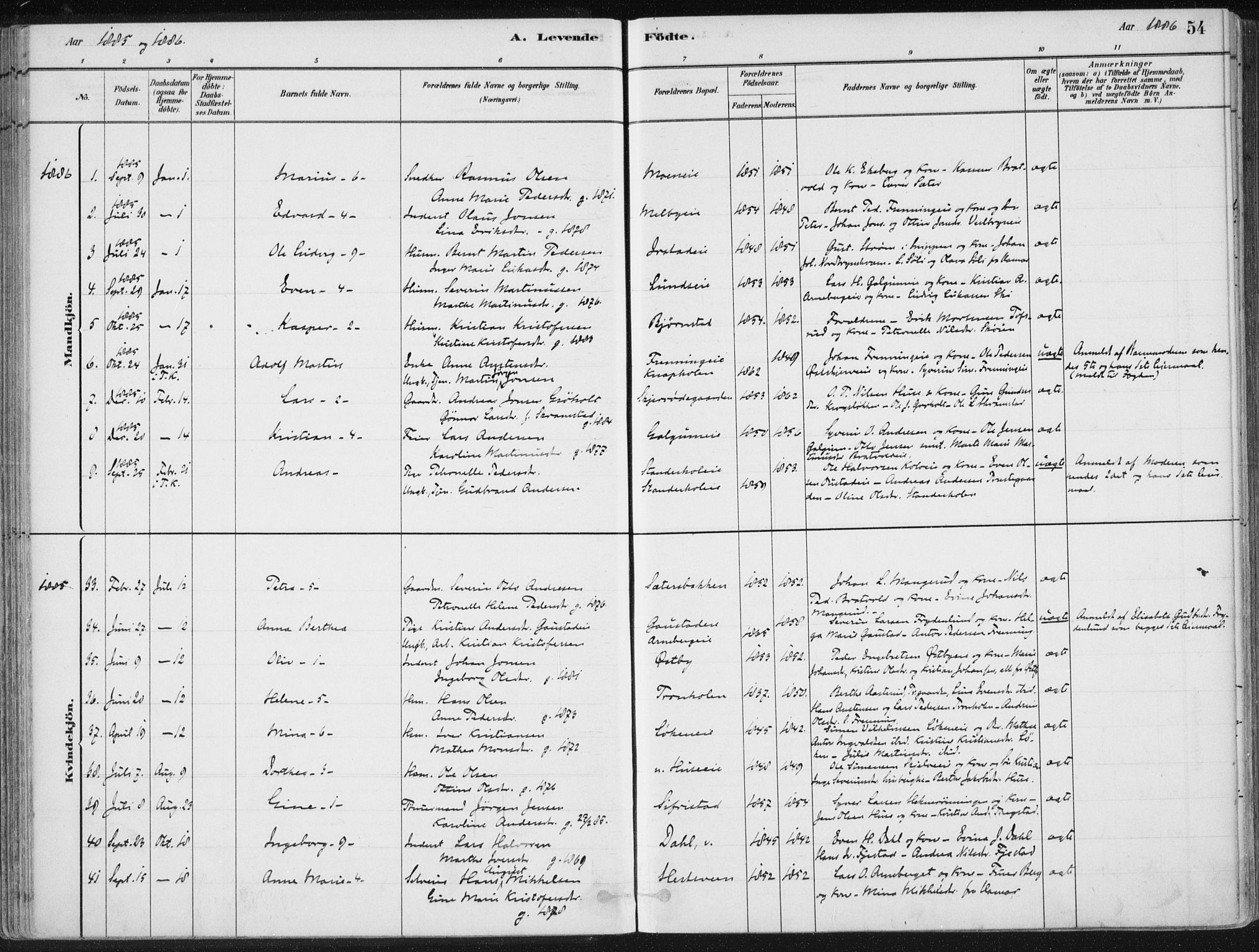 Romedal prestekontor, SAH/PREST-004/K/L0010: Parish register (official) no. 10, 1880-1895, p. 54