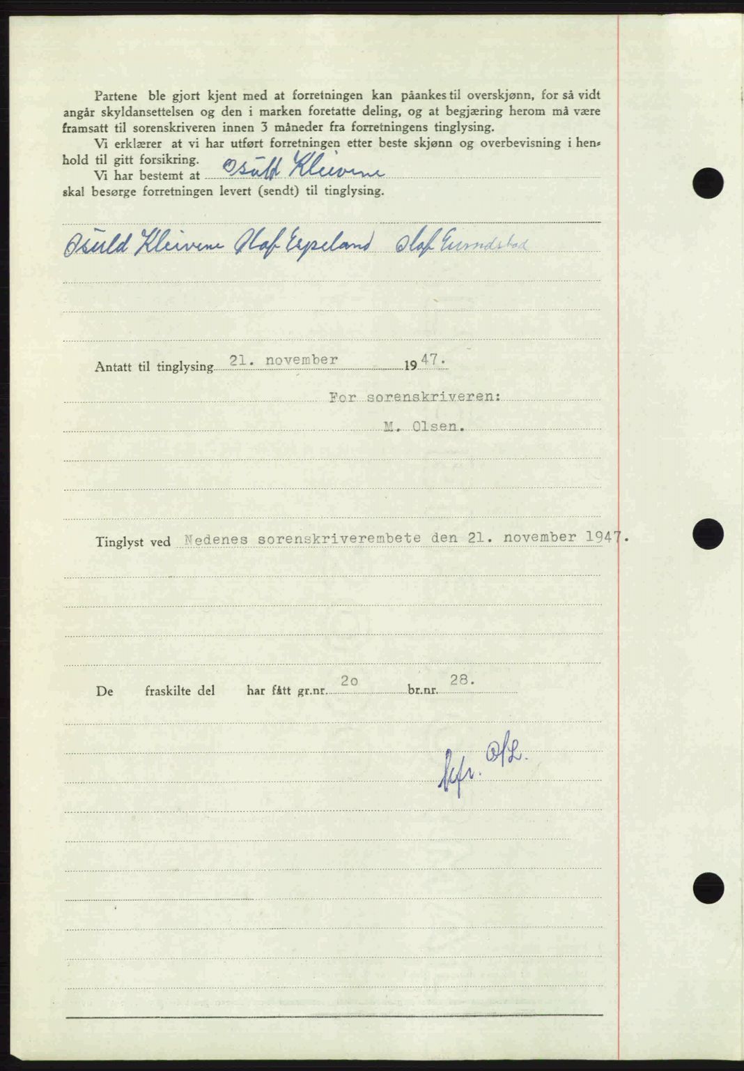 Nedenes sorenskriveri, SAK/1221-0006/G/Gb/Gba/L0058: Mortgage book no. A10, 1947-1948, Diary no: : 1703/1947