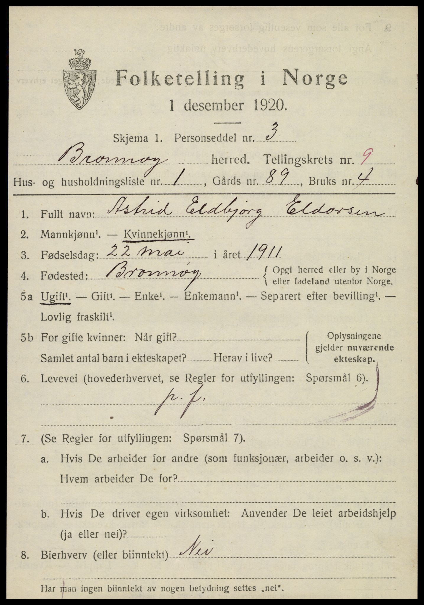 SAT, 1920 census for Brønnøy, 1920, p. 7052