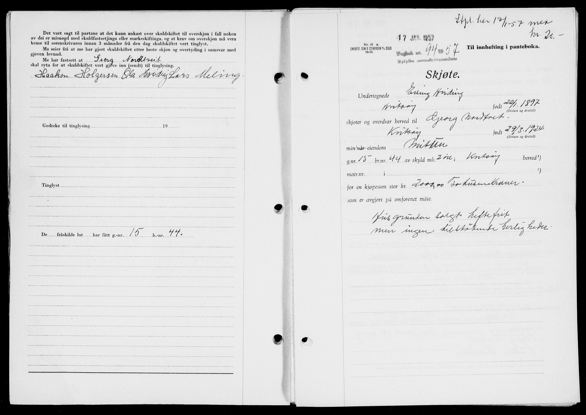 Ryfylke tingrett, AV/SAST-A-100055/001/II/IIB/L0135: Mortgage book no. 114, 1956-1957, Diary no: : 94/1957