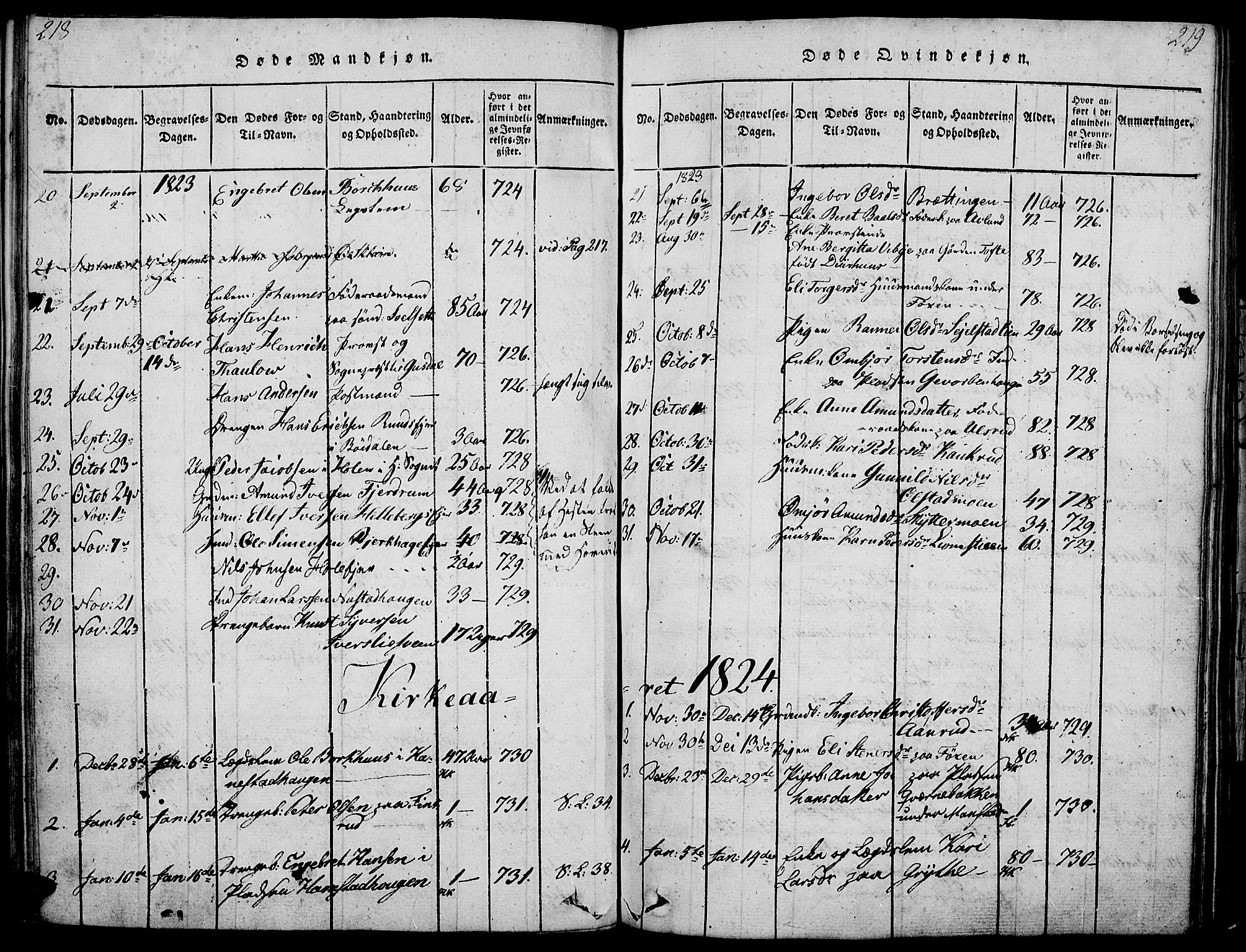Gausdal prestekontor, SAH/PREST-090/H/Ha/Haa/L0005: Parish register (official) no. 5, 1817-1829, p. 218-219