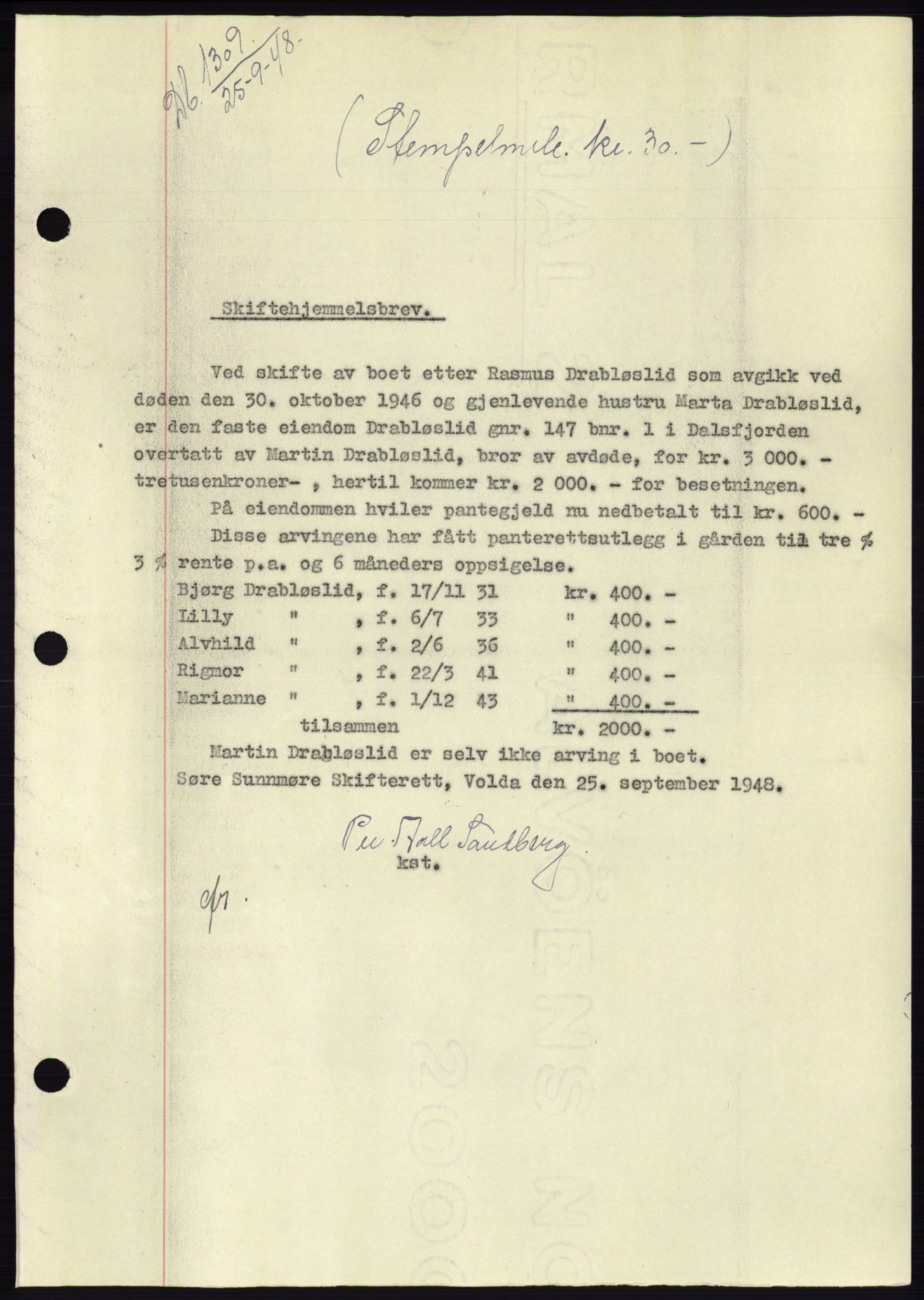 Søre Sunnmøre sorenskriveri, AV/SAT-A-4122/1/2/2C/L0083: Mortgage book no. 9A, 1948-1949, Diary no: : 1309/1948