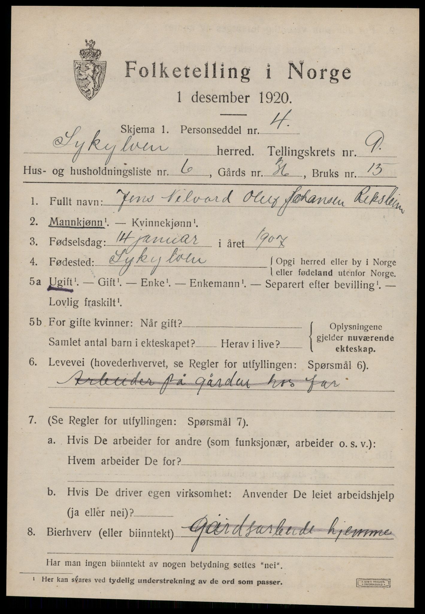 SAT, 1920 census for Sykkylven, 1920, p. 4749