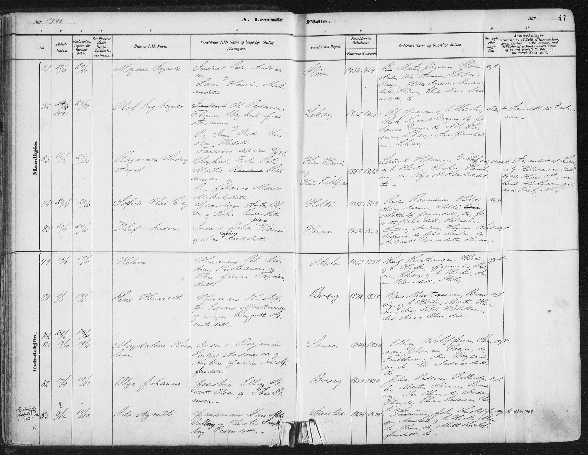 Ministerialprotokoller, klokkerbøker og fødselsregistre - Nordland, AV/SAT-A-1459/888/L1244: Parish register (official) no. 888A10, 1880-1890, p. 47