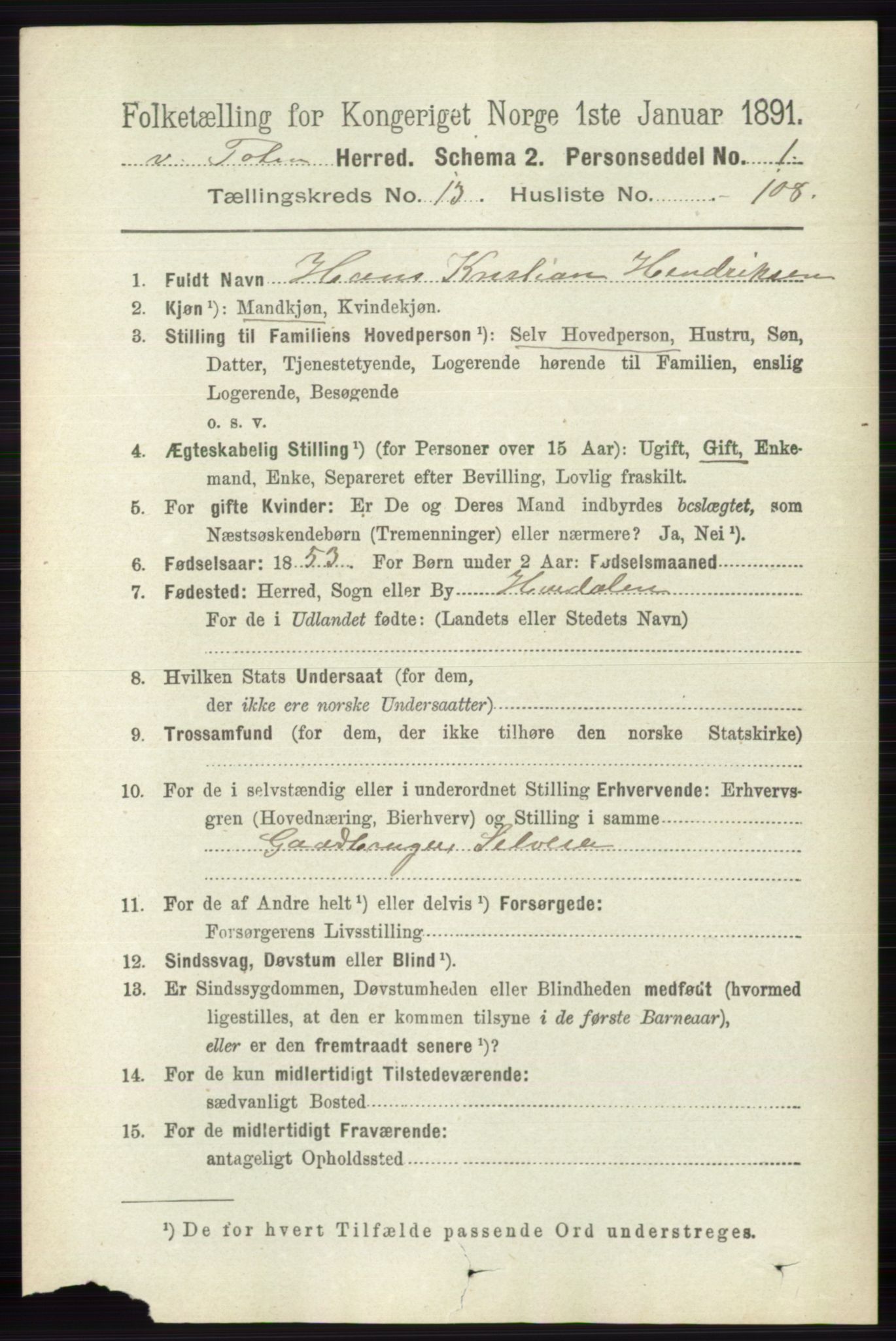 RA, 1891 census for 0529 Vestre Toten, 1891, p. 8398