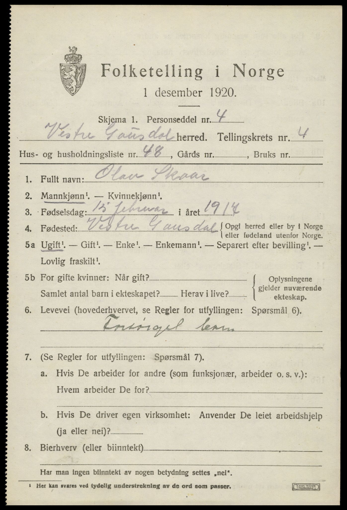 SAH, 1920 census for Vestre Gausdal, 1920, p. 3677