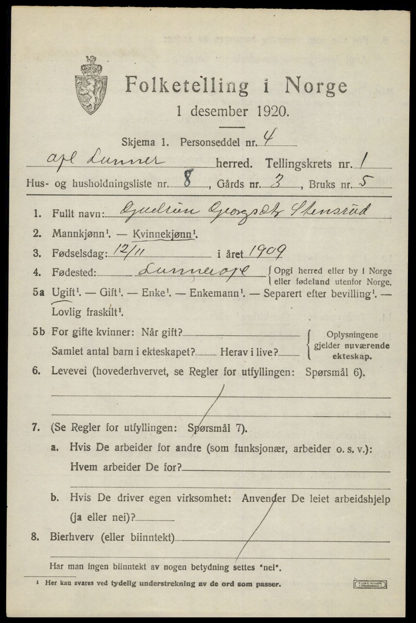 SAH, 1920 census for Lunner, 1920, p. 1733