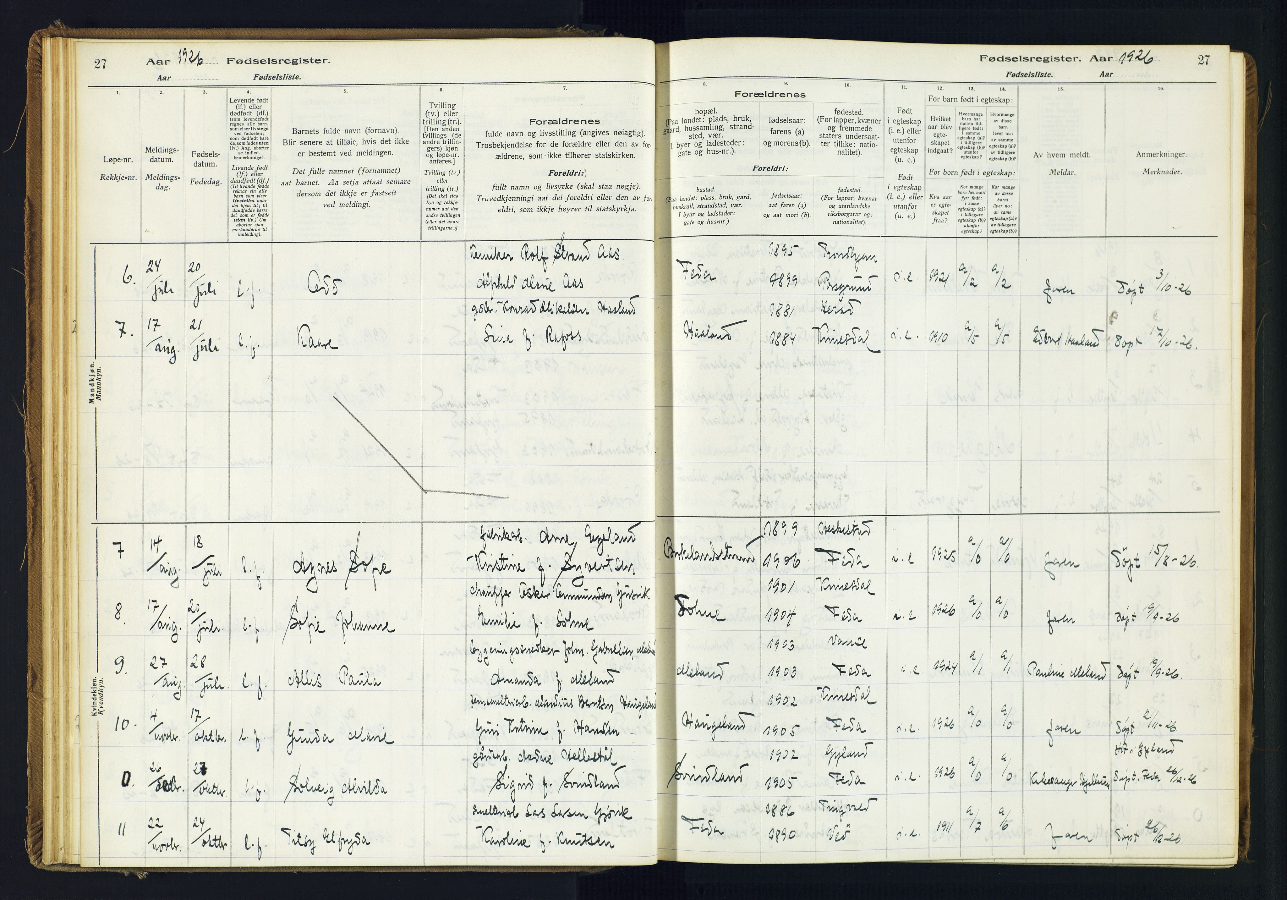 Kvinesdal sokneprestkontor, AV/SAK-1111-0026/J/Ja/L0005: Birth register no. 5, 1916-1982, p. 27