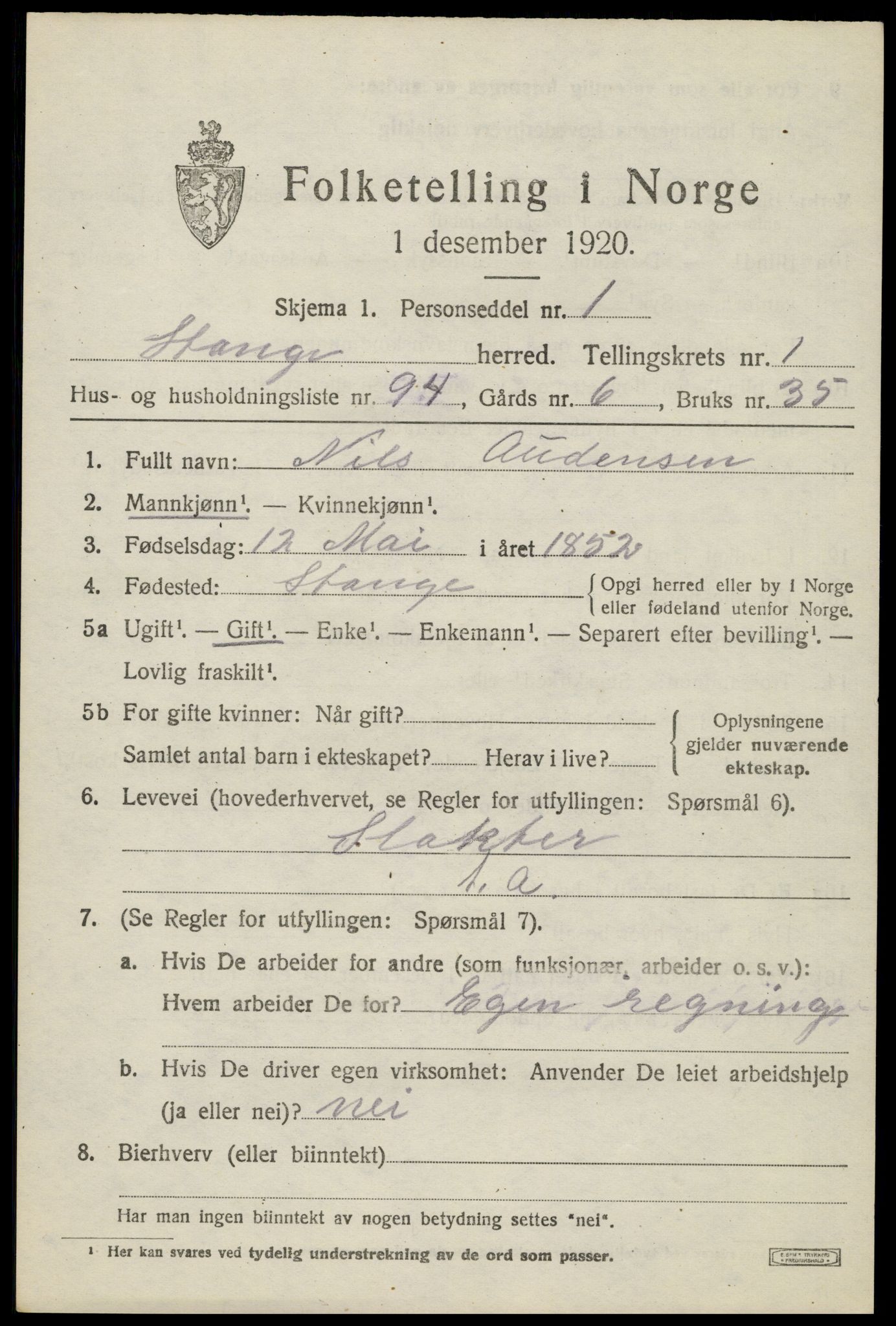 SAH, 1920 census for Stange, 1920, p. 4007