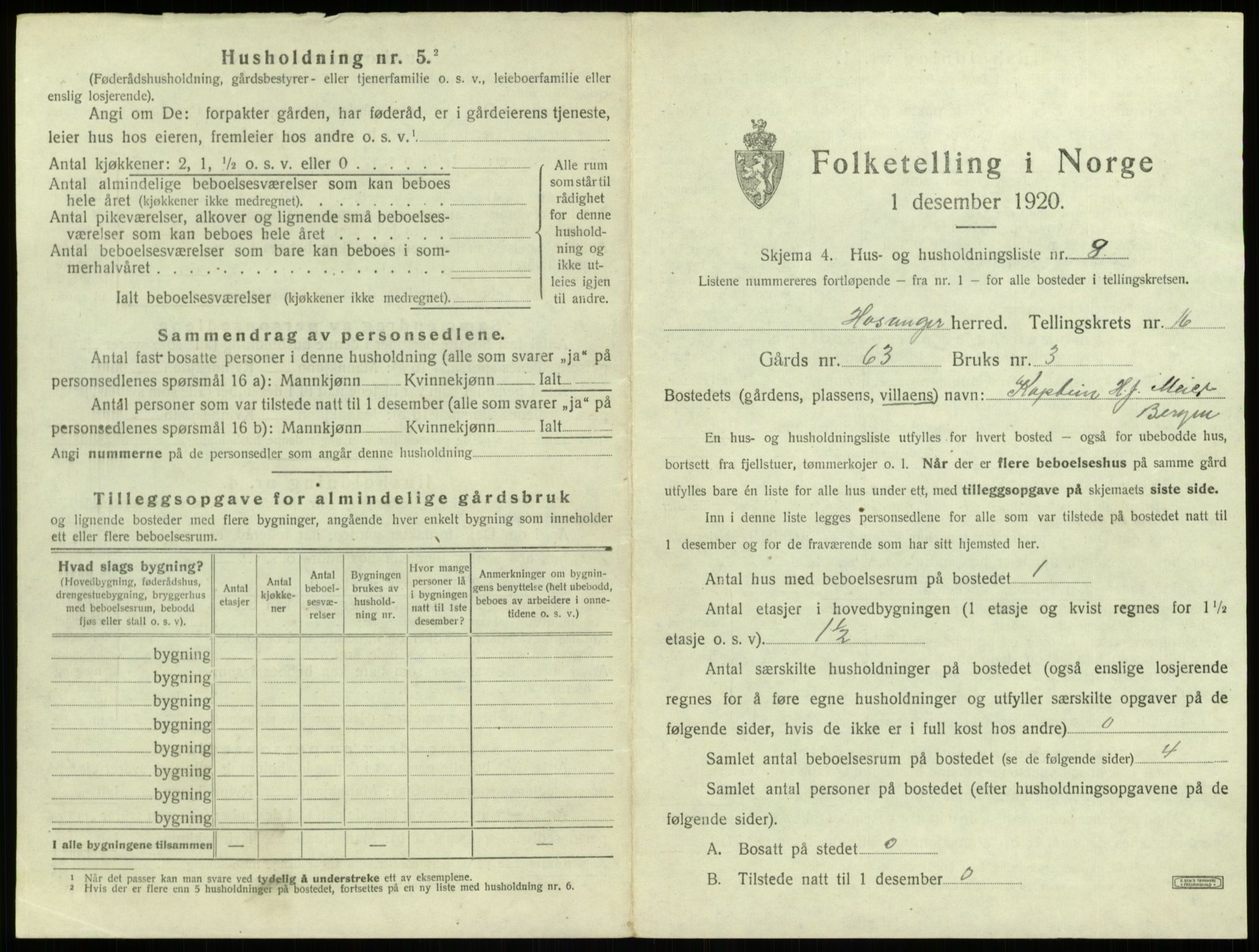 SAB, 1920 census for Hosanger, 1920, p. 838