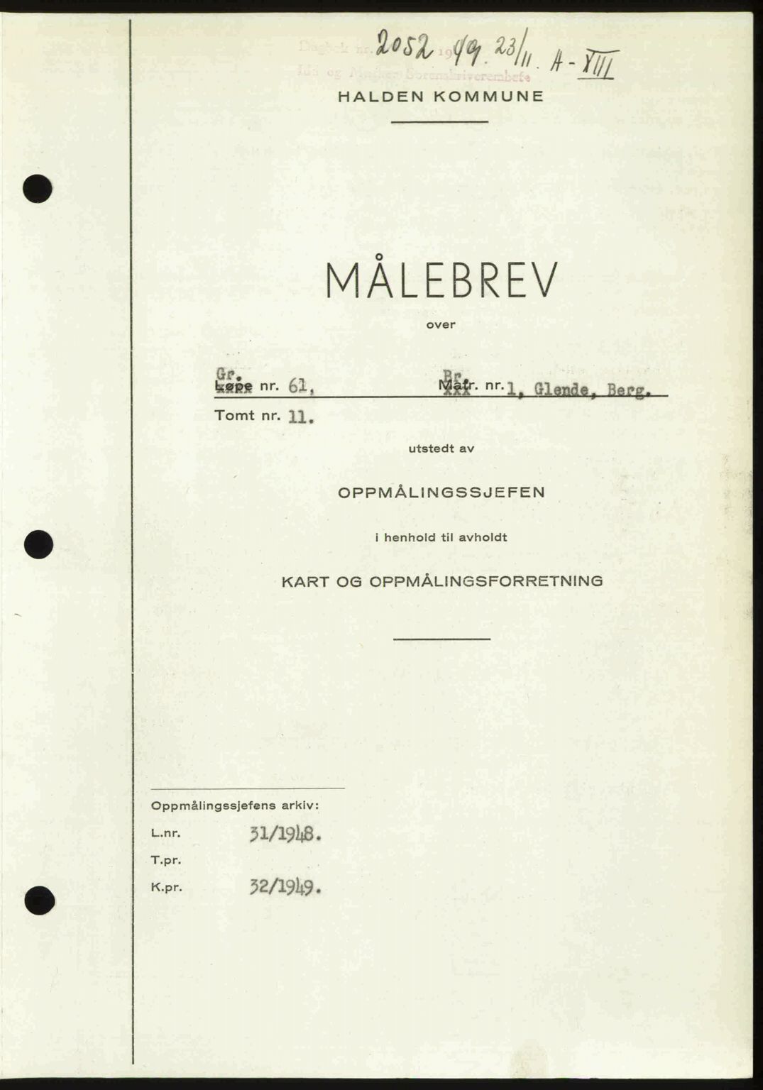 Idd og Marker sorenskriveri, AV/SAO-A-10283/G/Gb/Gbb/L0013: Mortgage book no. A13, 1949-1950, Diary no: : 2052/1949