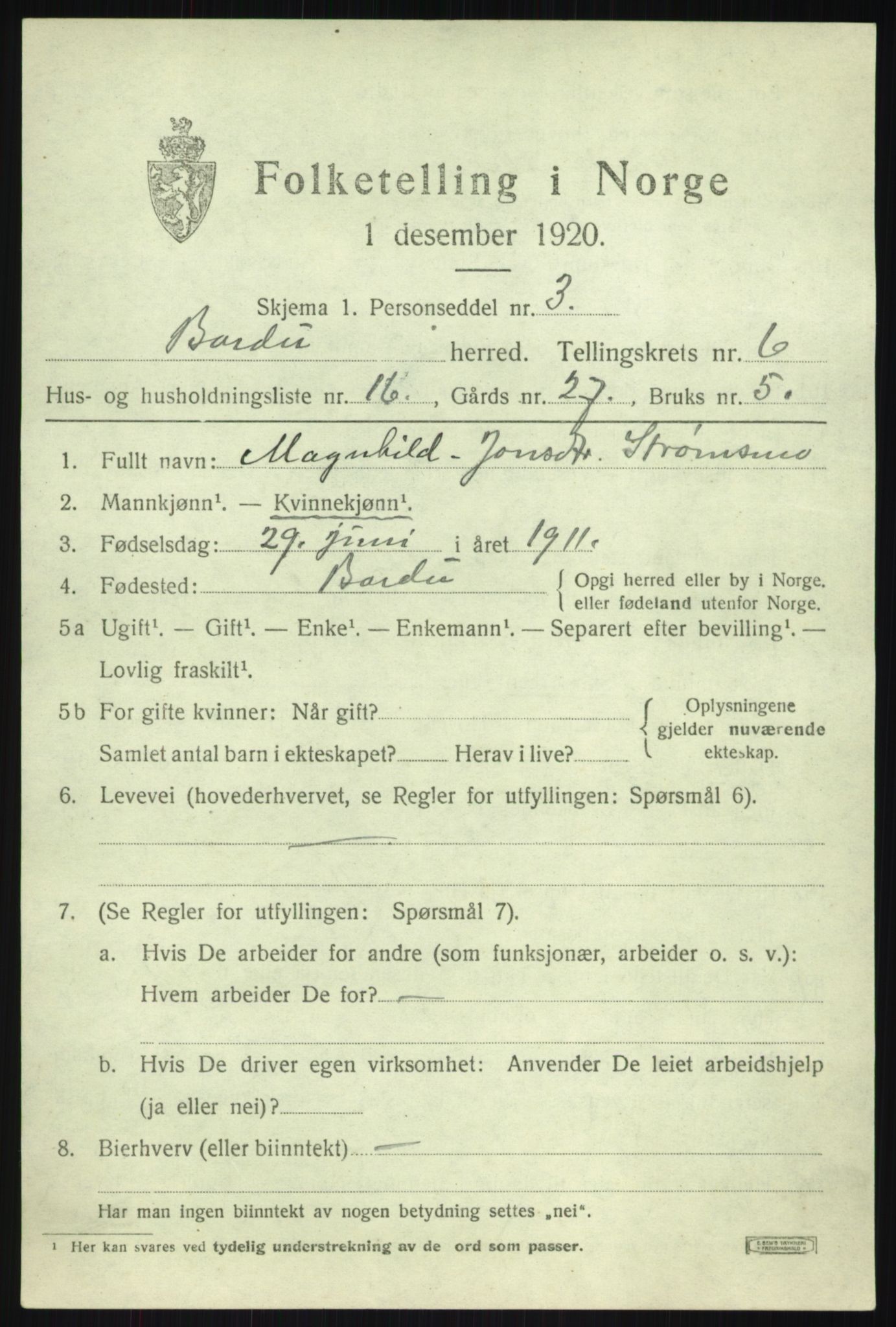 SATØ, 1920 census for Bardu, 1920, p. 2717